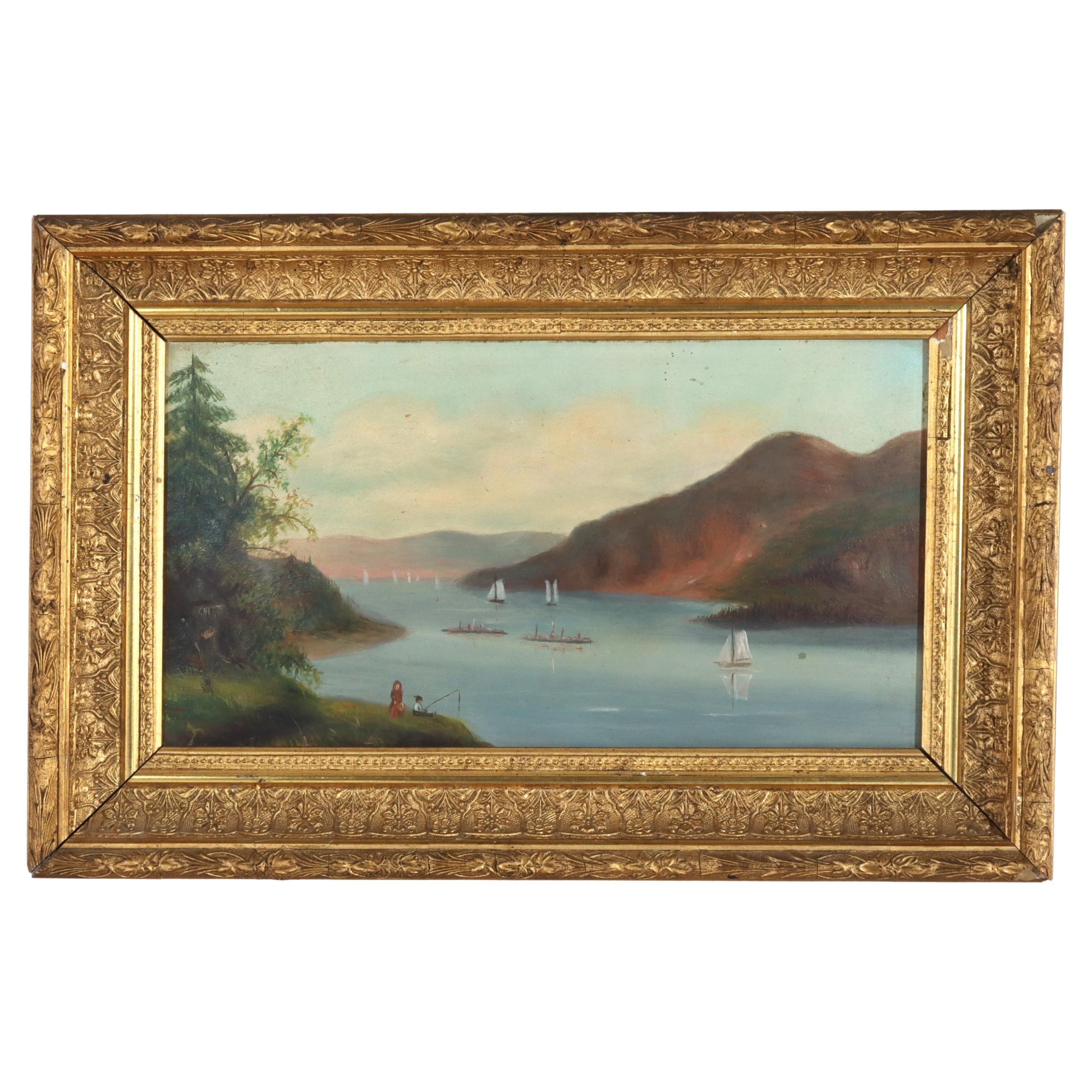 Huile sur carton ancienne de l'école de Thomas Chambers, Hudson River Scene c1880 en vente