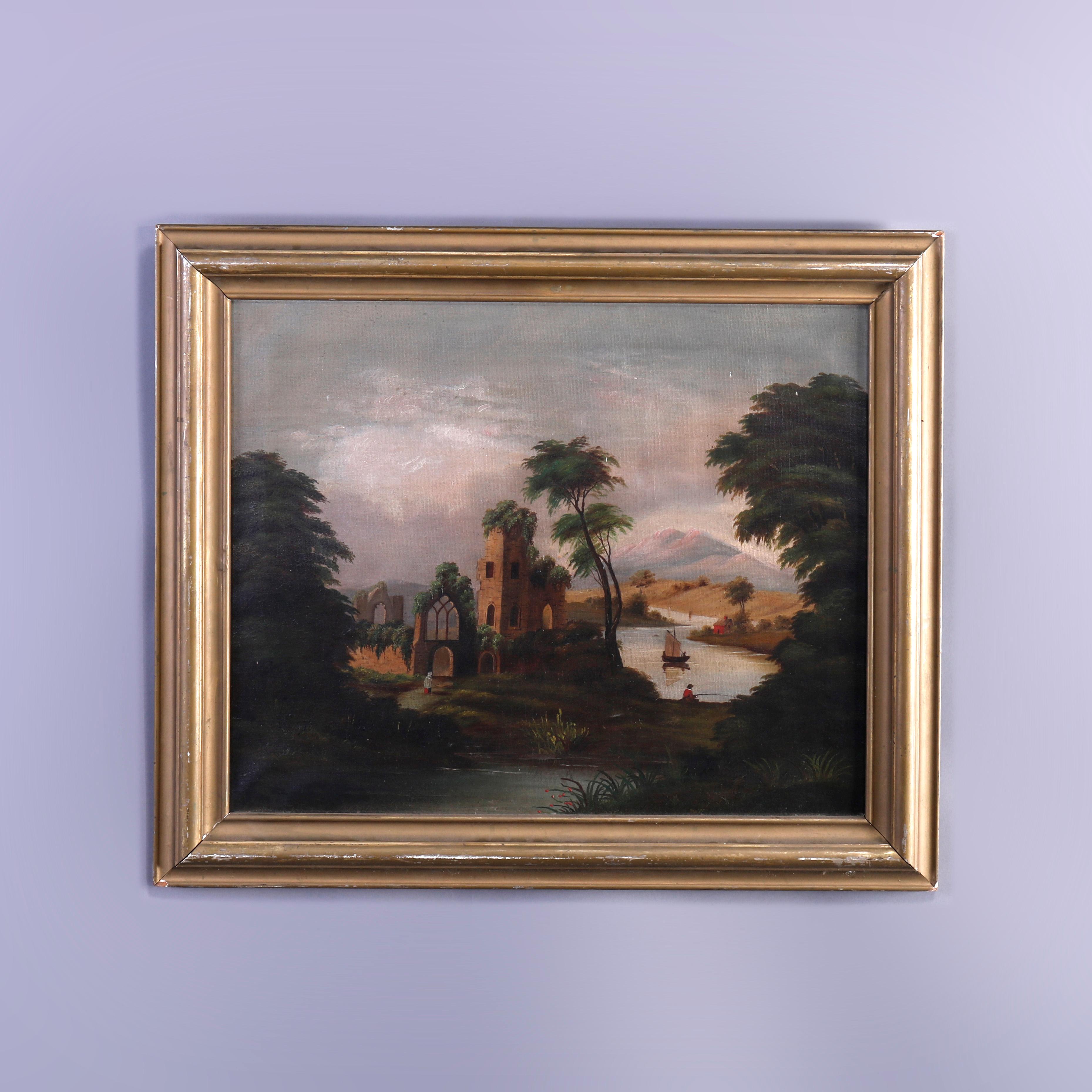 An antique painting in the manner of Thomas Chambers offers folk art oil on canvas of the ruins of a Catholic church cathedral on a lake with boats and figures, seated in giltwood frame, c1820

Measures - overall 25'' H x 29.25'' W x 2'' D; sight