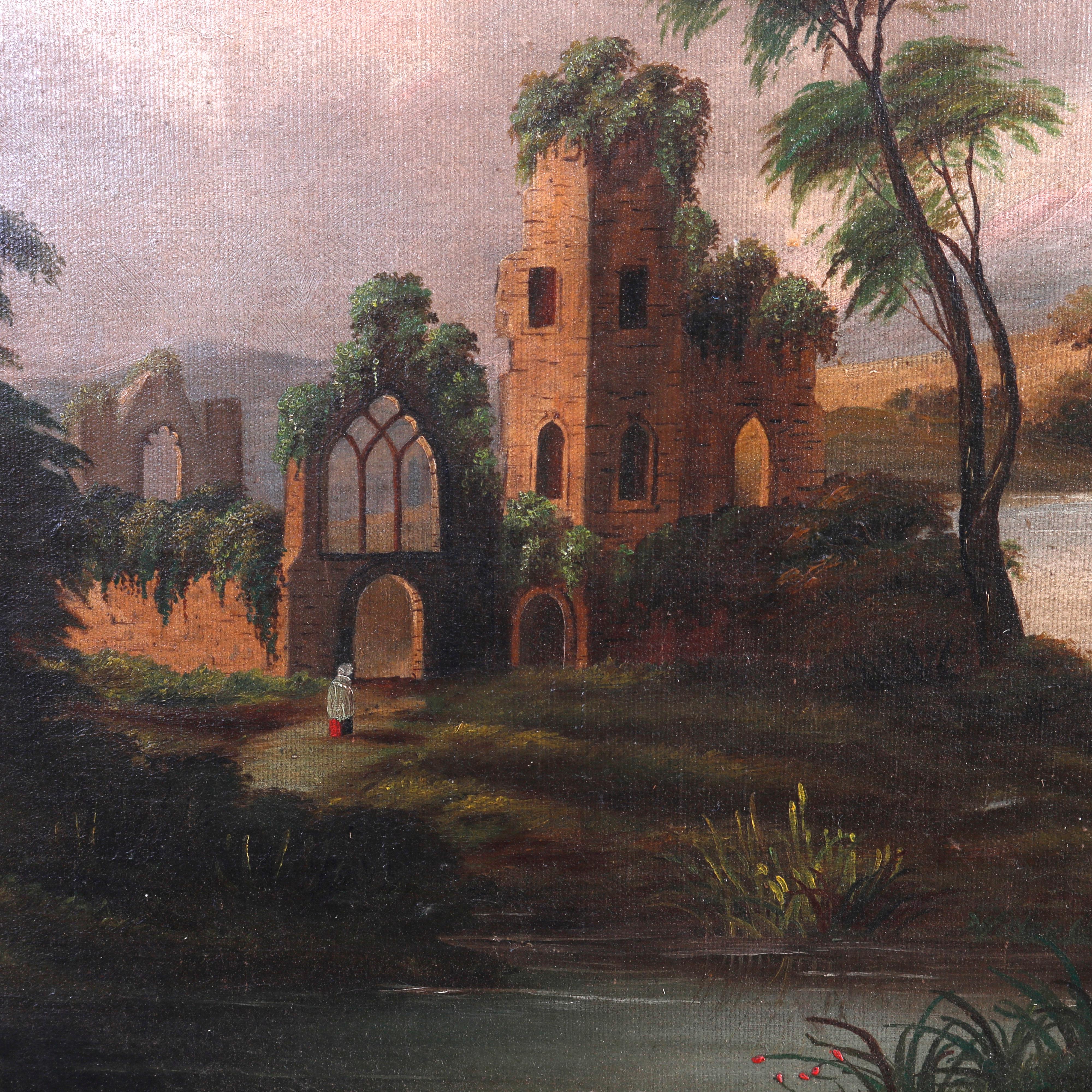 European Antique Thomas Chambers School Folk Art Oil on Canvas of Cathedral Ruins, c1830