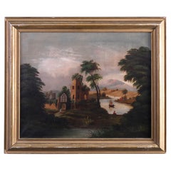 Antique Thomas Chambers School Folk Art Oil on Canvas of Cathedral Ruins, c1830