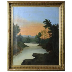 Antique Thomas Chambers School Landscape Oil Painting on Canvas, Circa 1900