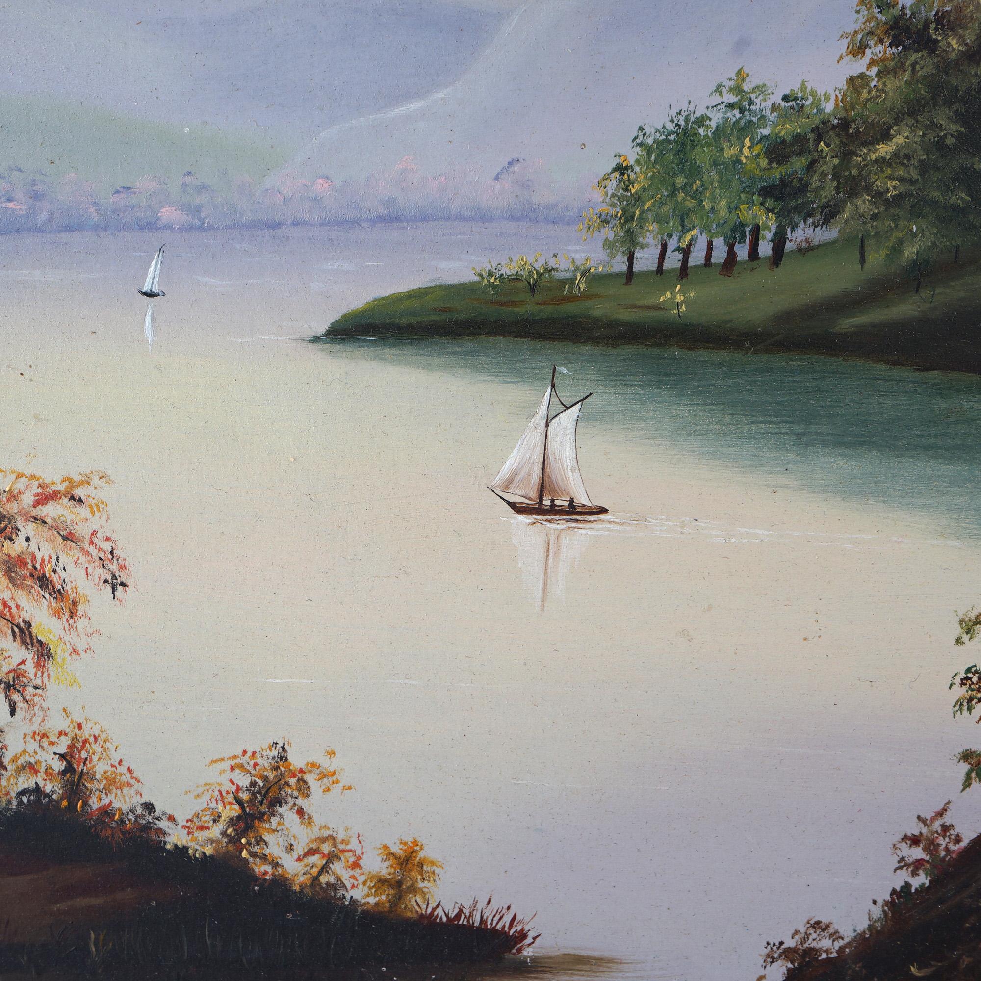An antique landscape painting in the manner of Thomas Chambers offers oil on board mountainous lake scene of Lake George with sailboats, c1840

Measures - 22.5