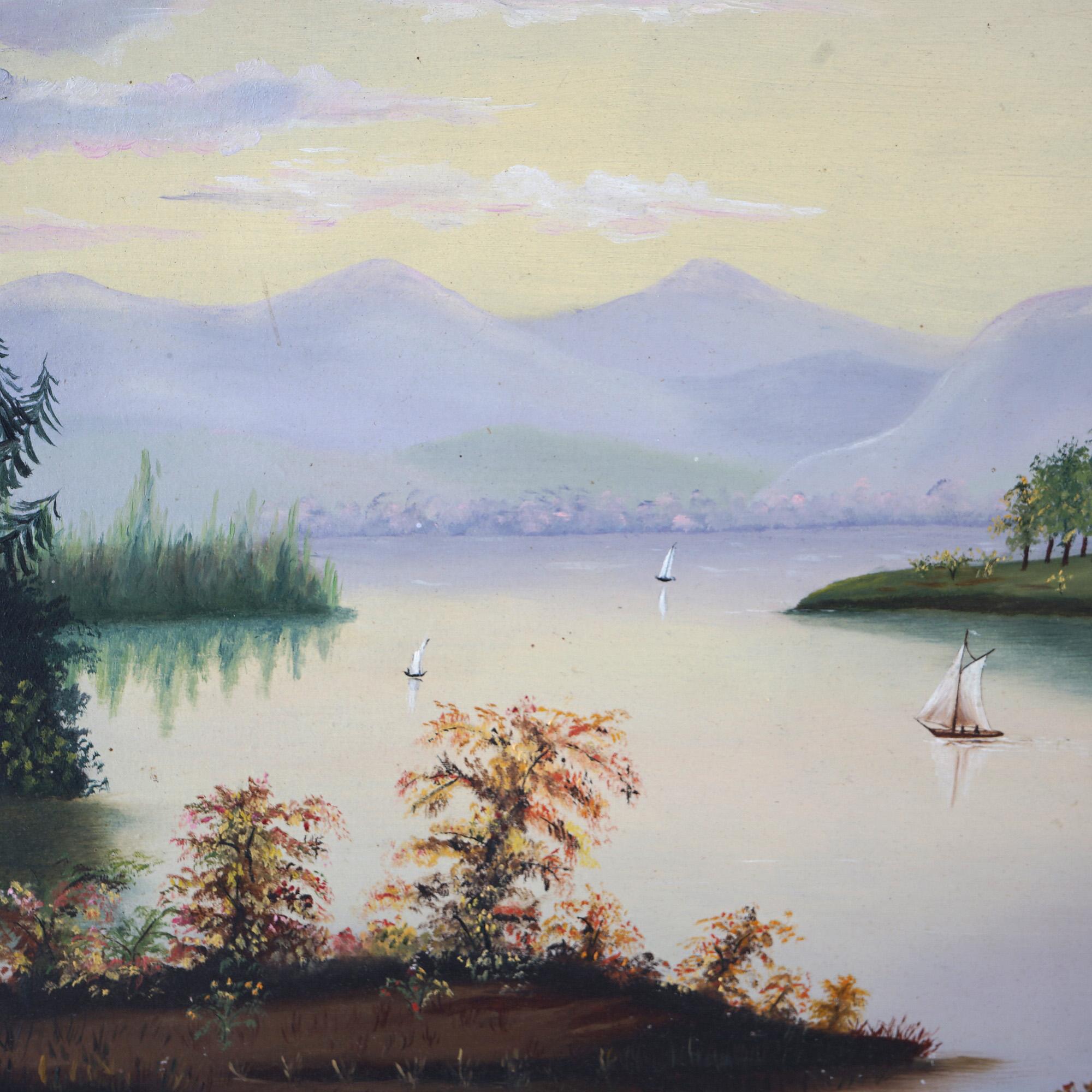 Giltwood Antique Thomas Chambers School Oil On Board Painting Of Lake George C1