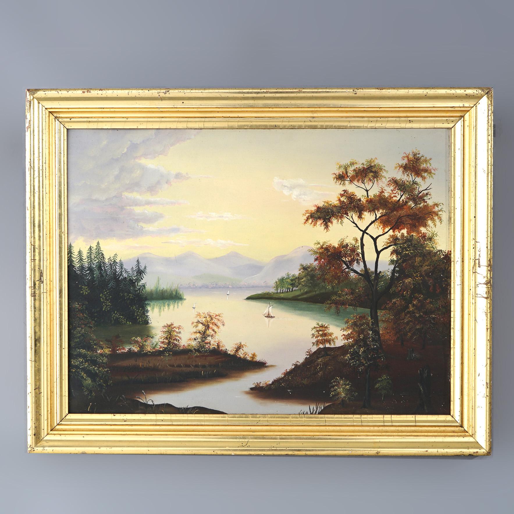 Antique Thomas Chambers School Oil On Board Painting Of Lake George C1 2