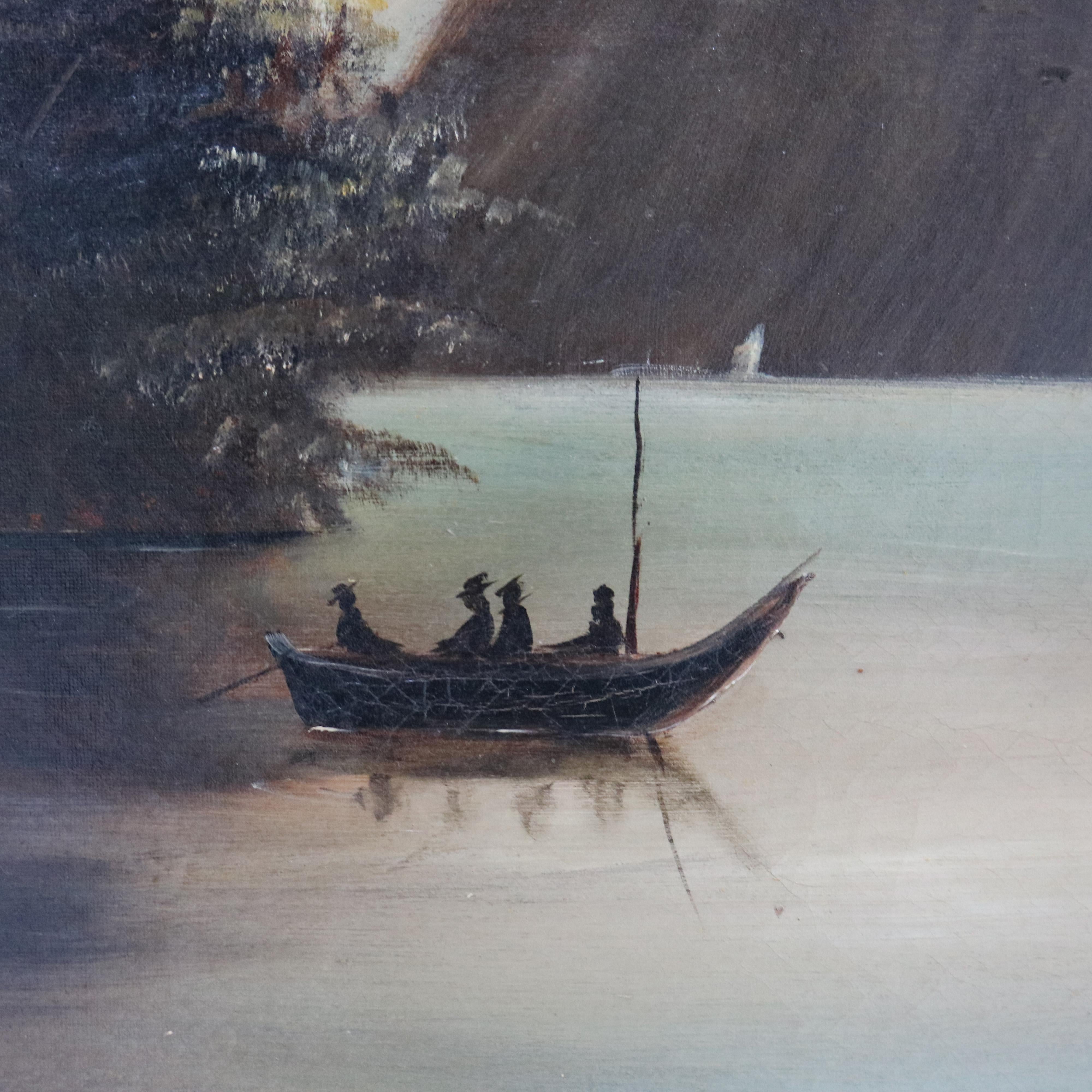 Antique Oil On Canvas Mountain Lake Scene by Julia Cramer Gerling in the Manner of Thomas Chambers with First Finish Frame 19thC

Measures- 25
