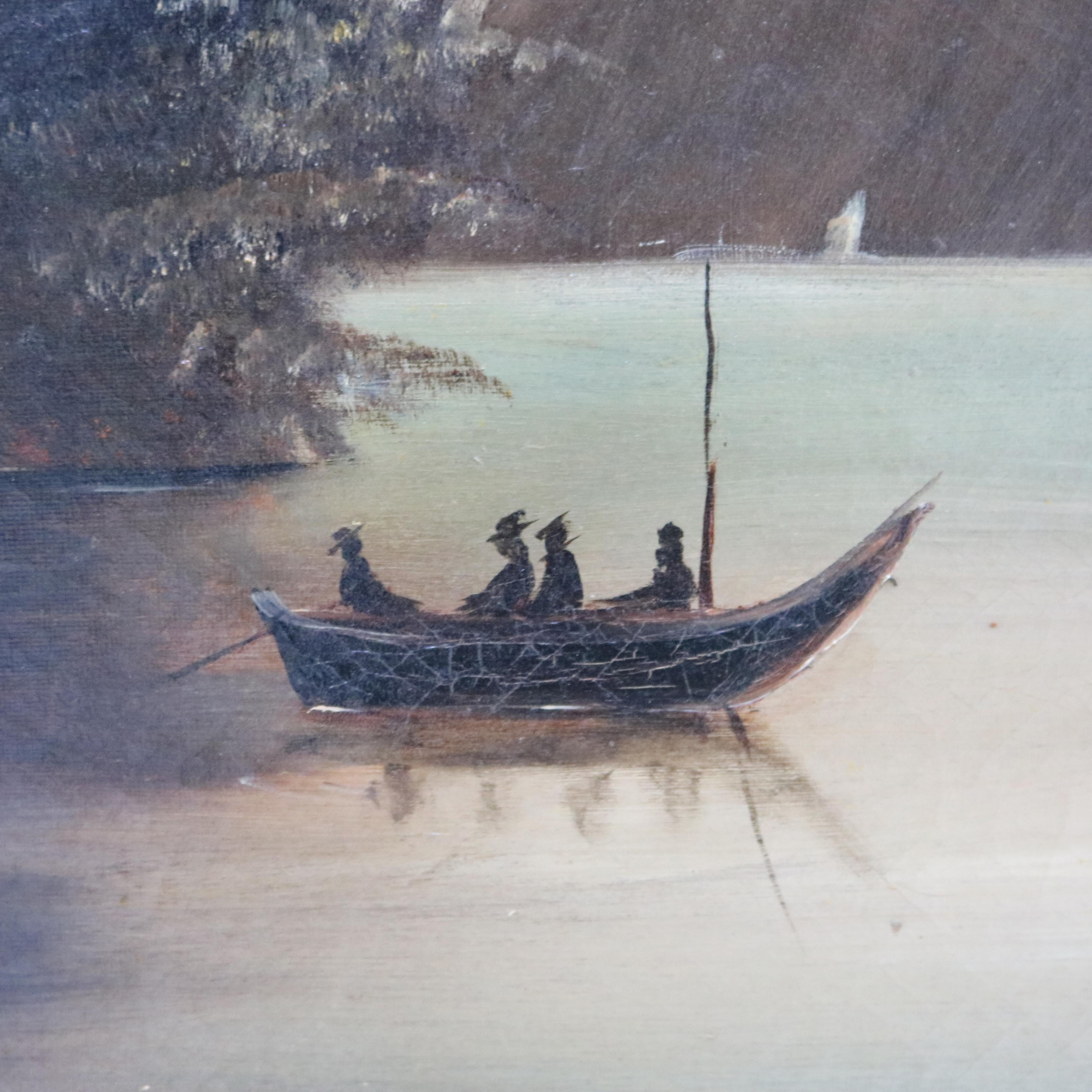 Hand-Painted Antique Thomas Chambers School Oil on Canvas Lake Scene by Julia Cramer Gerling For Sale