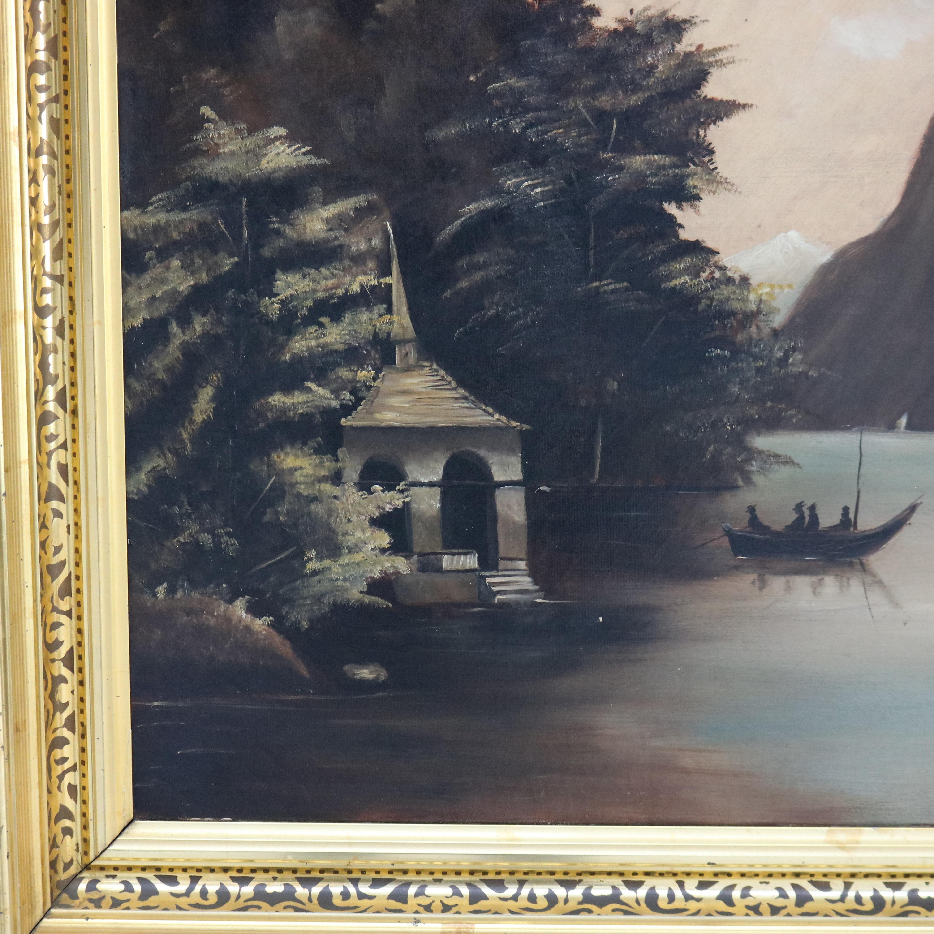 Antique Thomas Chambers School Oil on Canvas Lake Scene by Julia Cramer Gerling For Sale 1