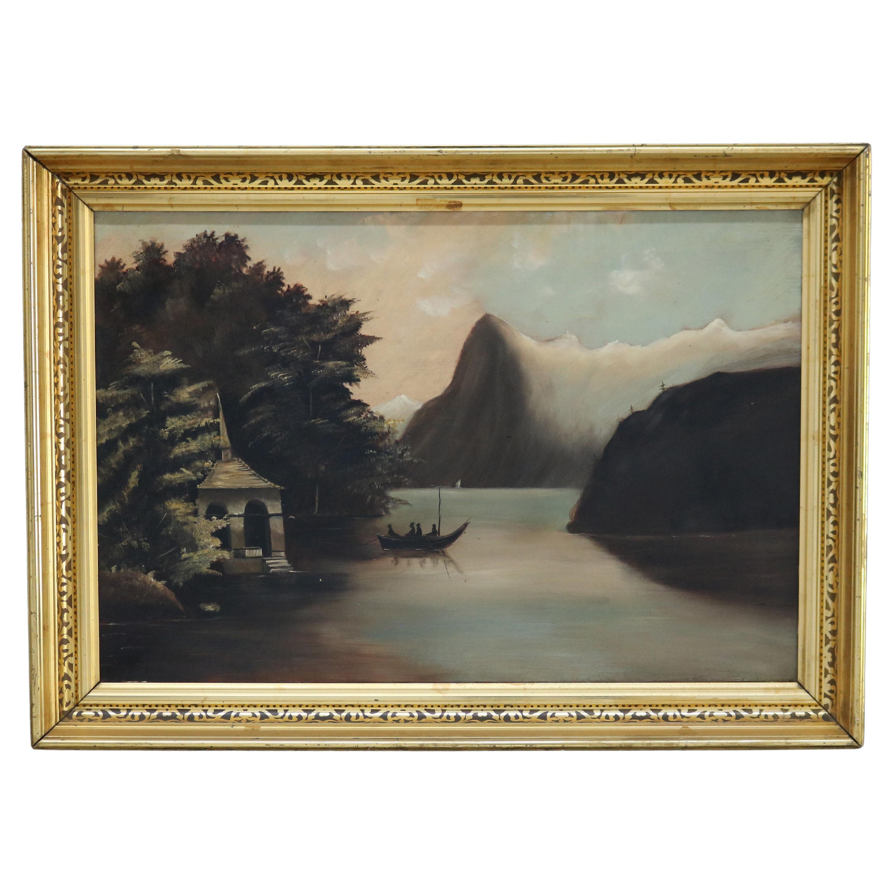Antique Thomas Chambers School Oil on Canvas Lake Scene by Julia Cramer Gerling For Sale
