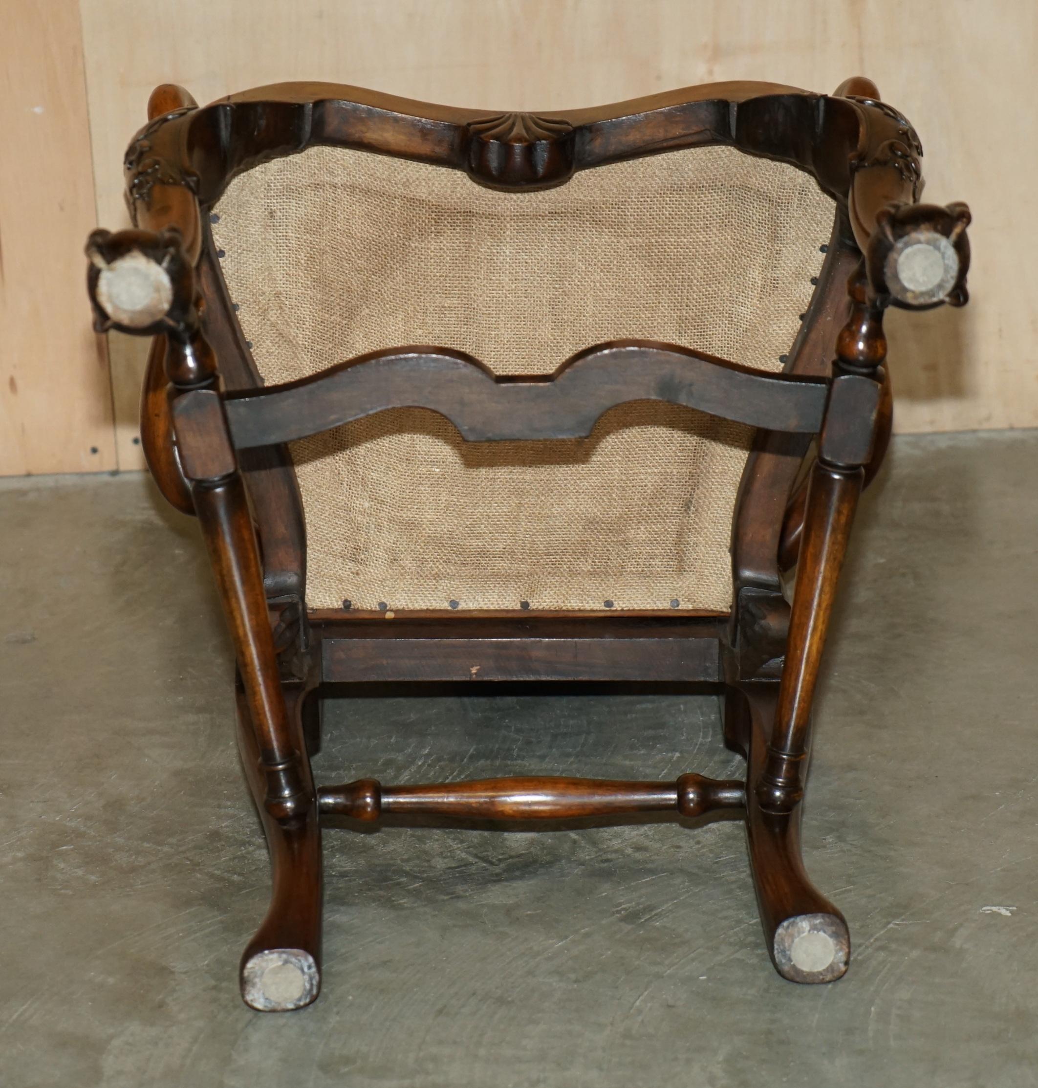 ANTIQUE THOMAS CHIPPENDALE CLAW & BALL CARVED BERGERE BROWN LEATHER ARMCHAiR For Sale 12