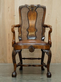 ANTIQUE THOMAS CHIPPENDALE CLAW & BALL CARVED BERGERE BROWN LEATHER ARMCHAiR