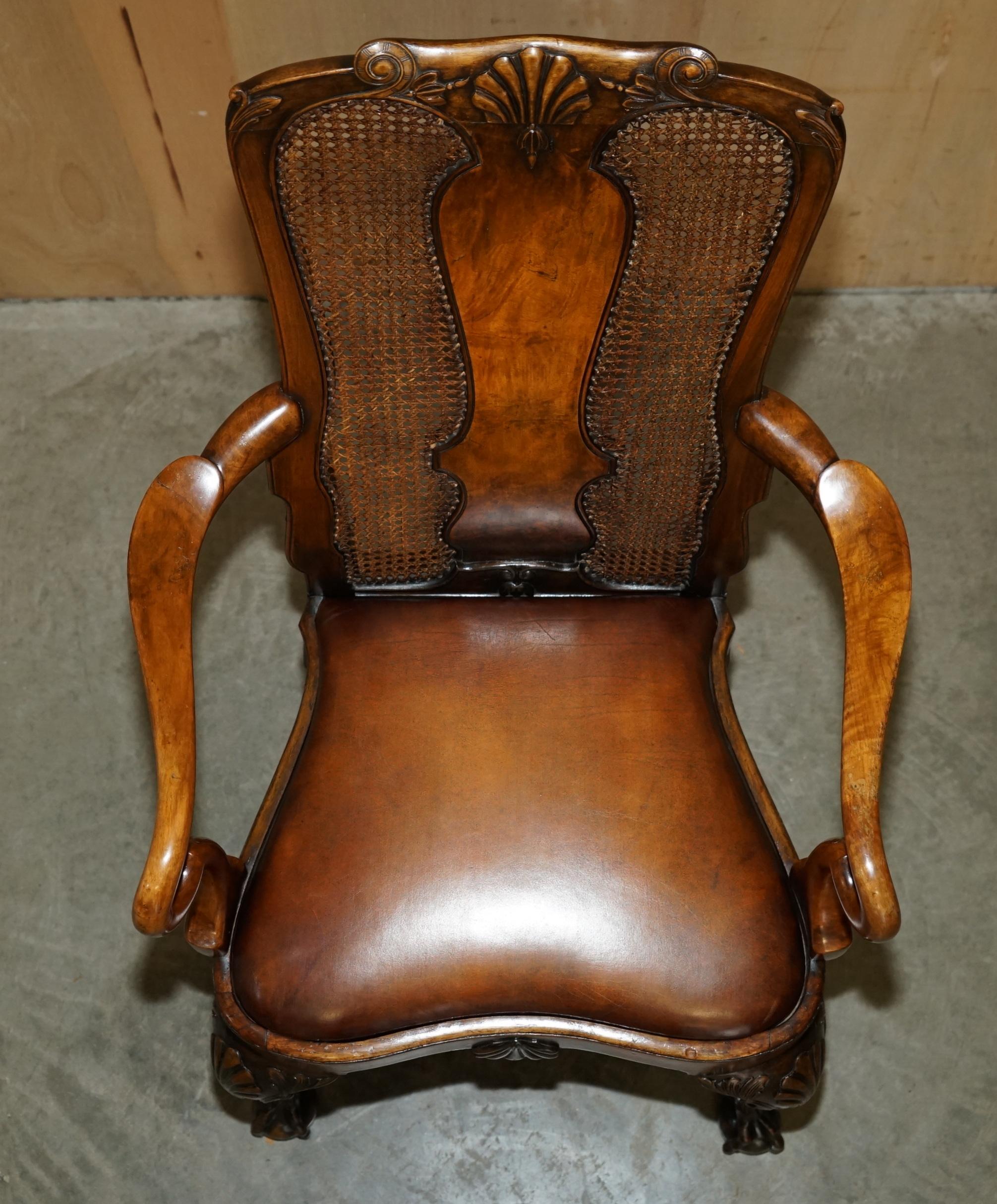 Early 20th Century ANTIQUE THOMAS CHIPPENDALE CLAW & BALL CARVED BERGERE BROWN LEATHER ARMCHAiR For Sale