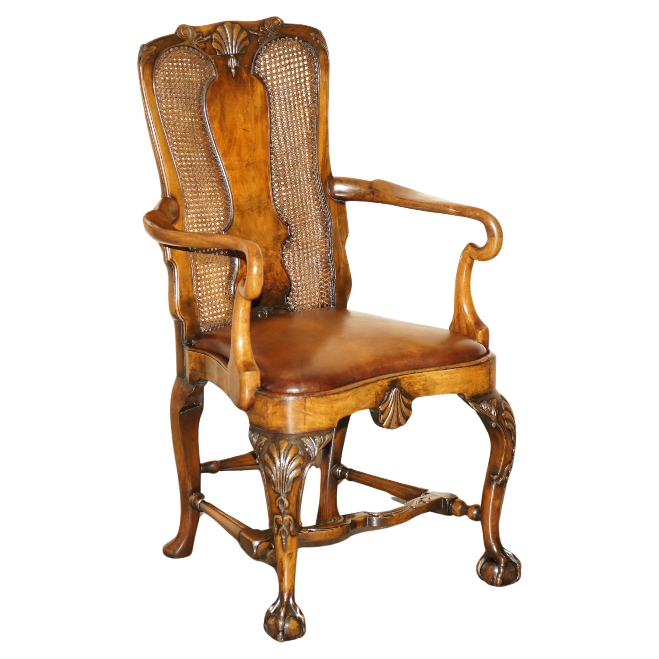 ANTIQUE THOMAS CHIPPENDALE CLAW & BALL CARVED BERGERE BROWN LEATHER ARMCHAiR For Sale