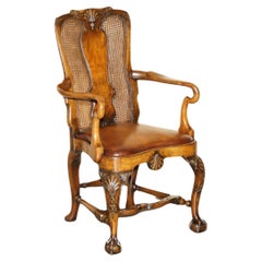 ANTIQUE THOMAS CHIPPENDALE CLAW & BALL CARVED BERGERE BROWN LEATHER ARMCHAiR