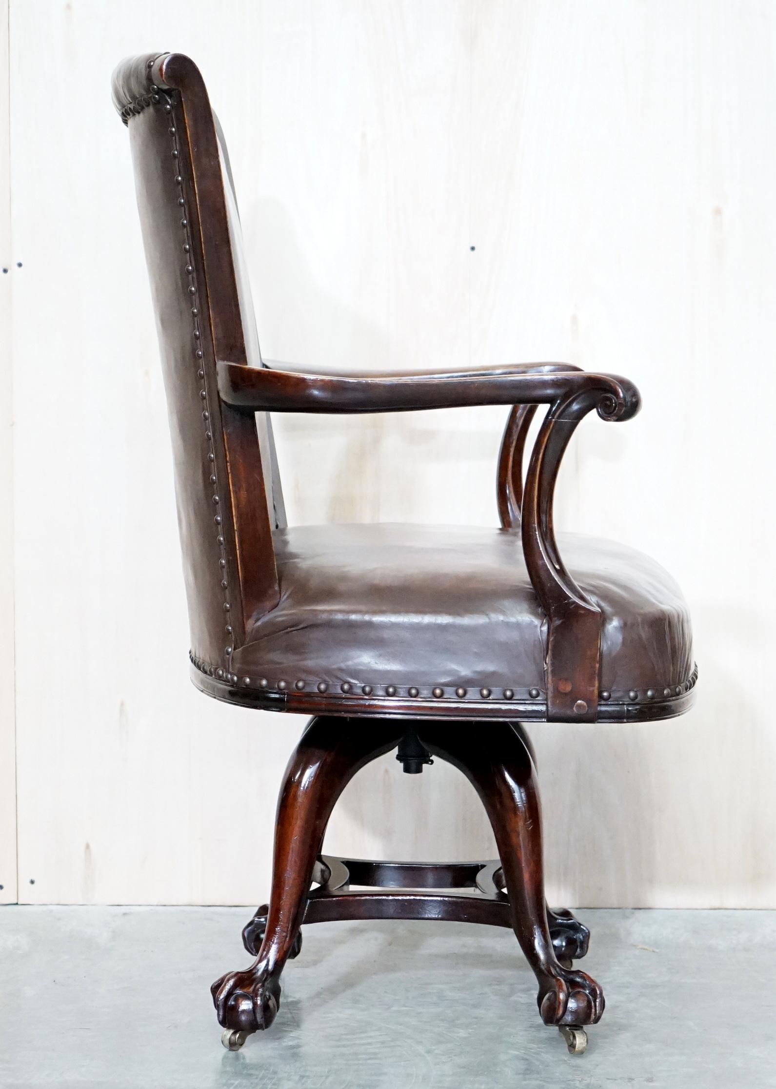Antique Thomas Chippendale Claw & Ball Feet Brown Leather Swivel Captains Chair 5