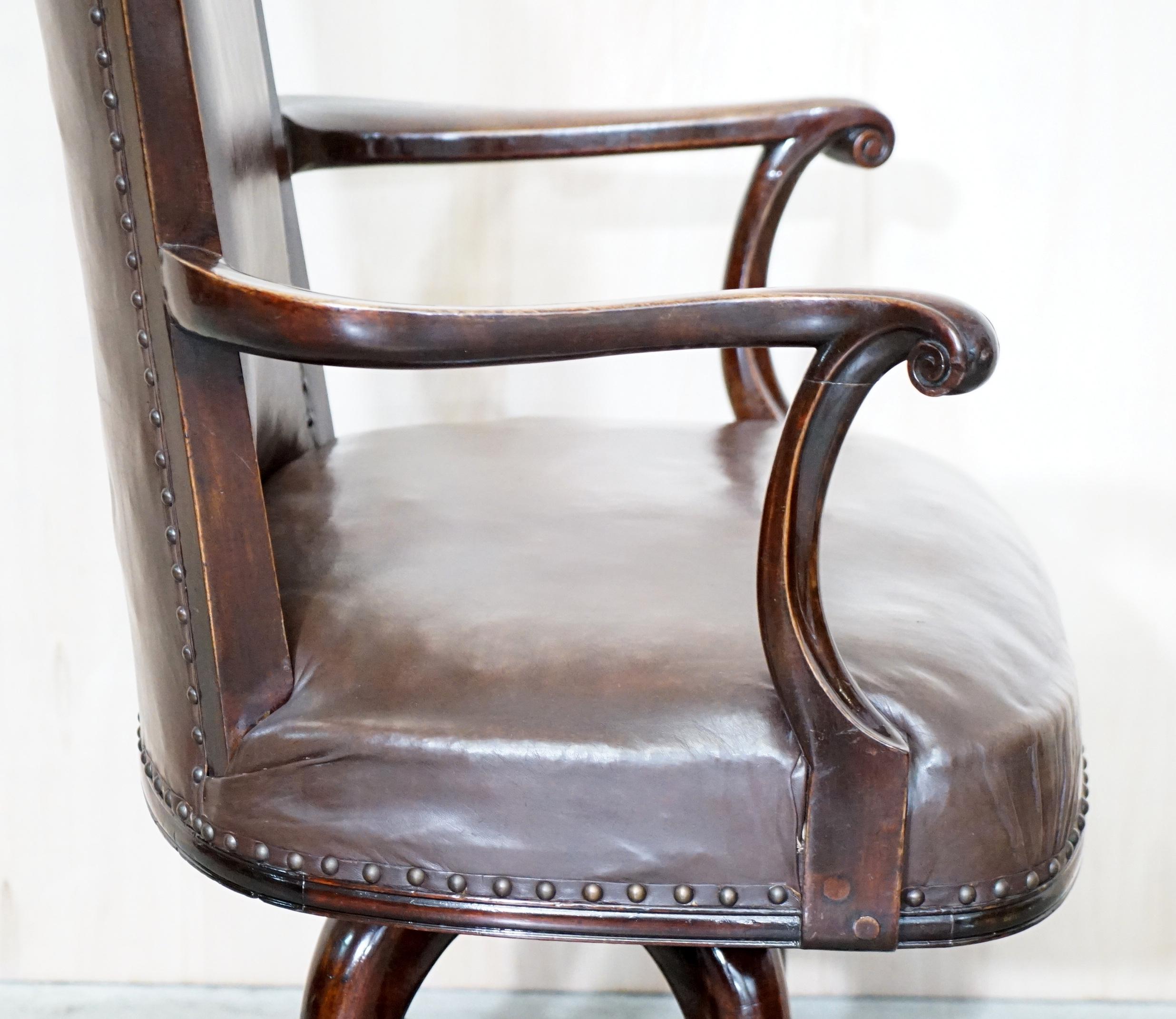 Antique Thomas Chippendale Claw & Ball Feet Brown Leather Swivel Captains Chair 6