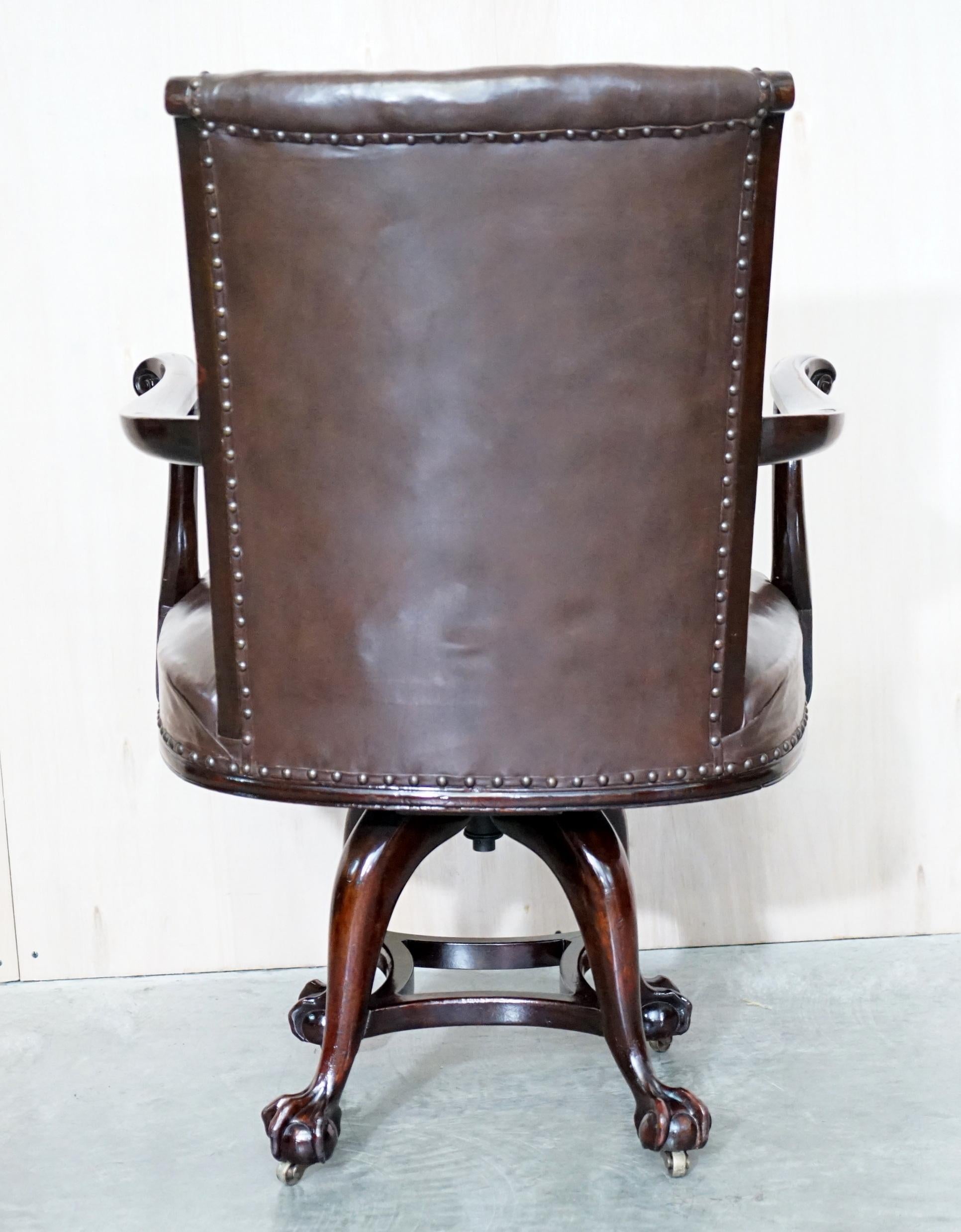 Antique Thomas Chippendale Claw & Ball Feet Brown Leather Swivel Captains Chair 9