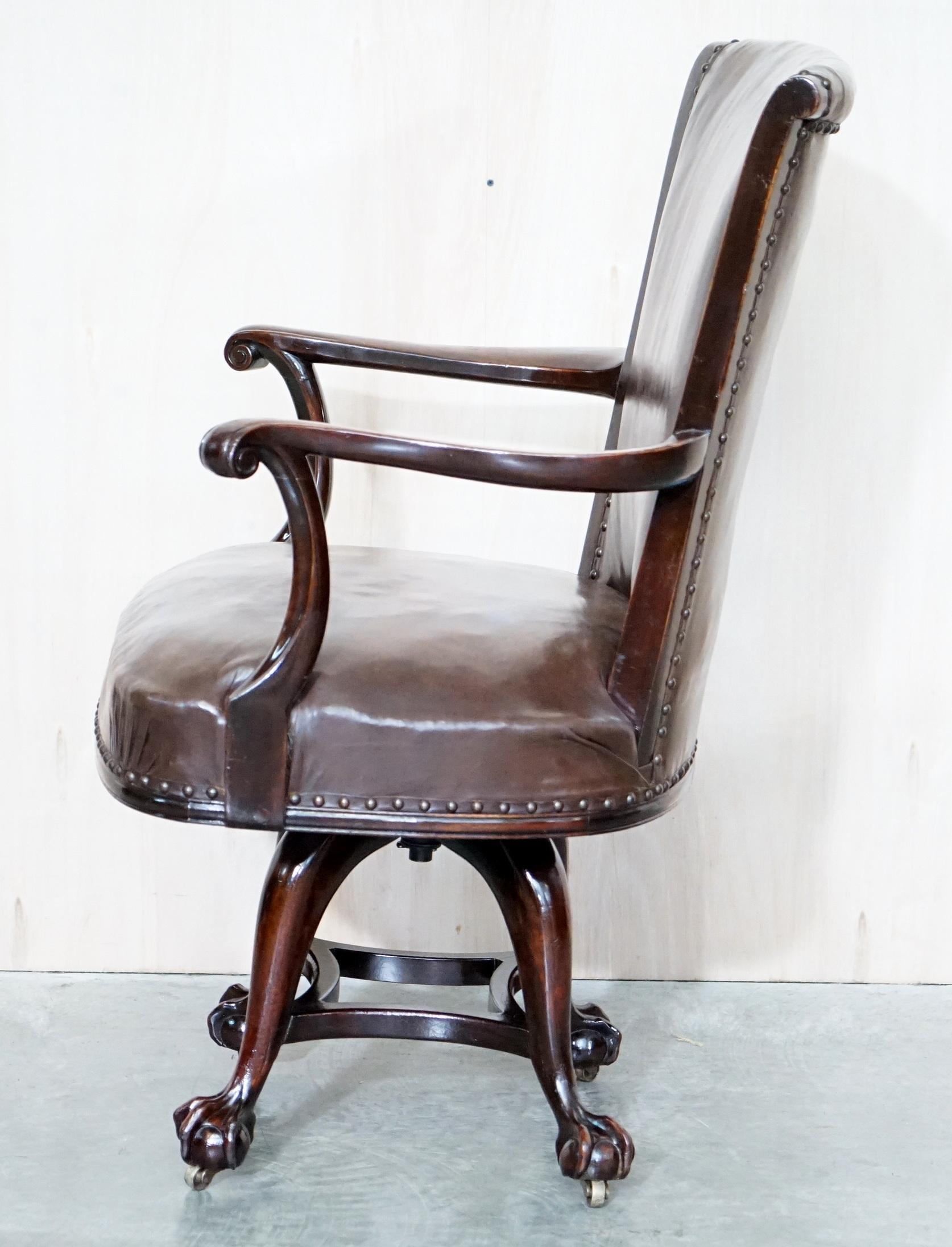 Antique Thomas Chippendale Claw & Ball Feet Brown Leather Swivel Captains Chair 10