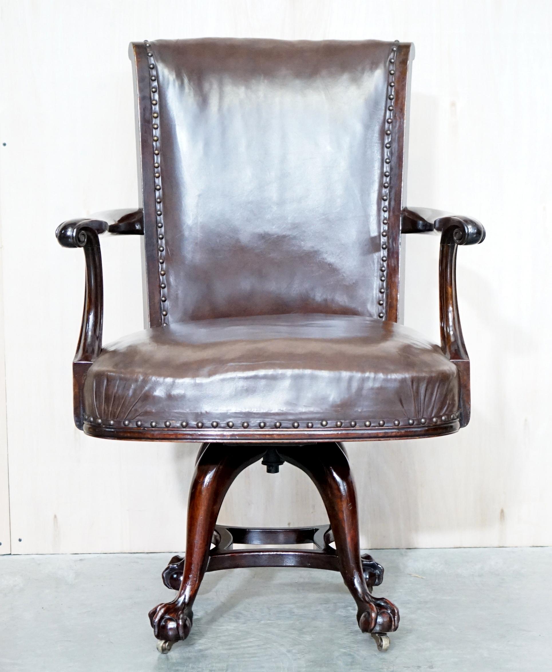 Victorian Antique Thomas Chippendale Claw & Ball Feet Brown Leather Swivel Captains Chair