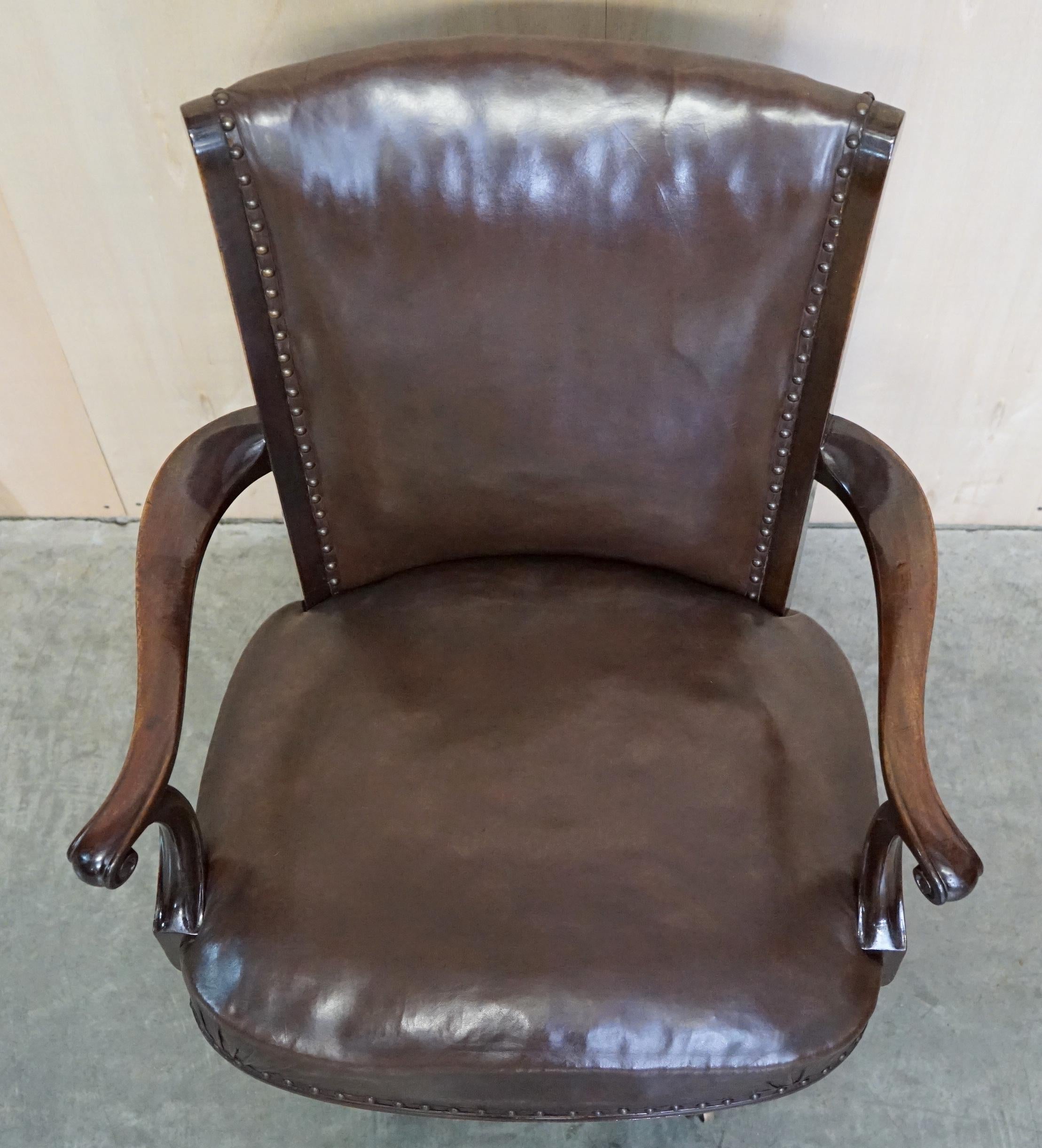 Hand-Crafted Antique Thomas Chippendale Claw & Ball Feet Brown Leather Swivel Captains Chair