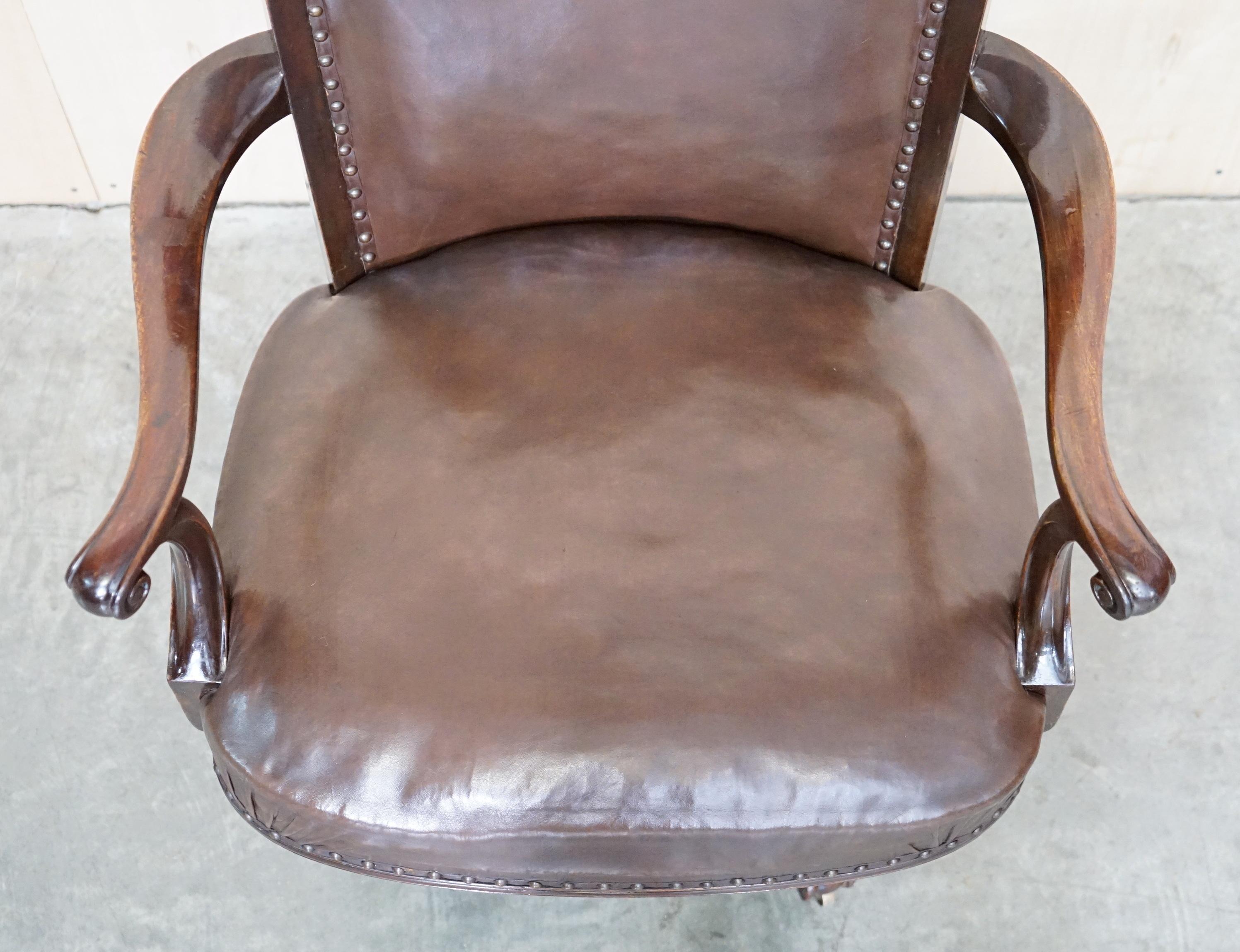 19th Century Antique Thomas Chippendale Claw & Ball Feet Brown Leather Swivel Captains Chair