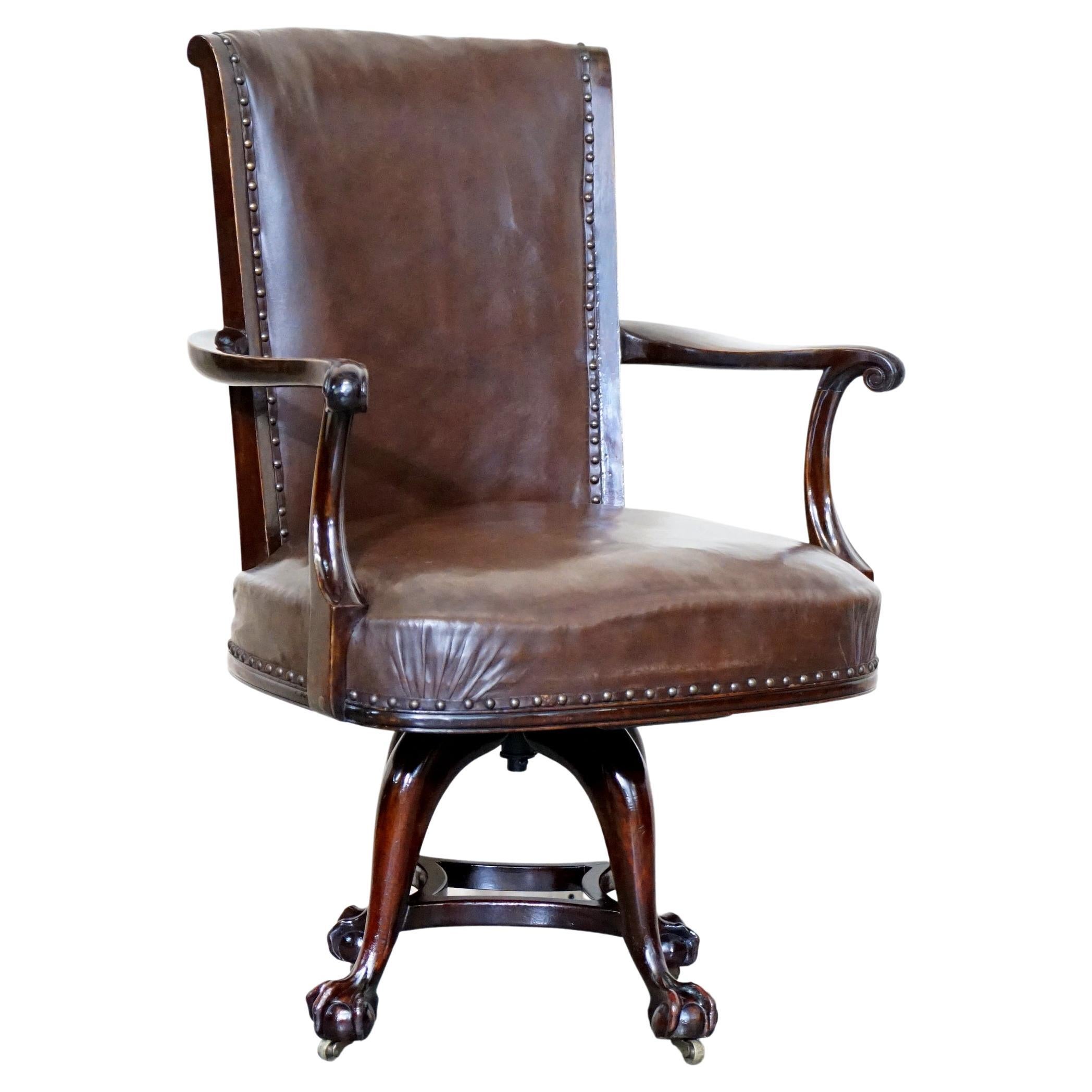 Antique Thomas Chippendale Claw & Ball Feet Brown Leather Swivel Captains Chair