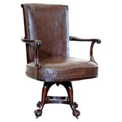 Antique Thomas Chippendale Claw & Ball Feet Brown Leather Swivel Captains Chair