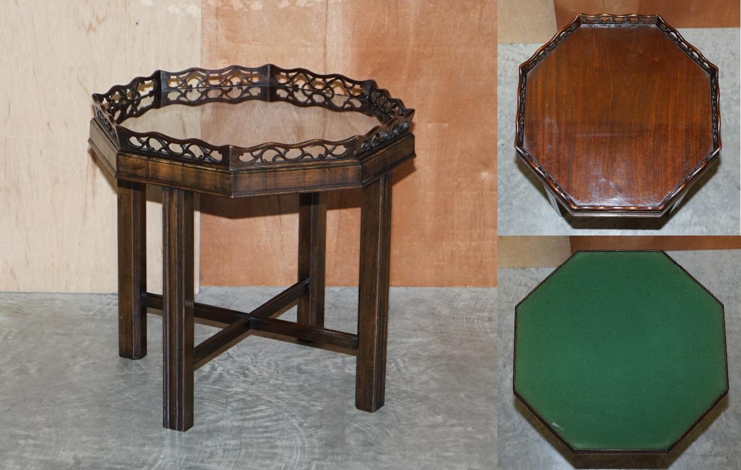 We are delighted to offer this lovely very rare Thomas Chippendale style Fret work carved occasional table with removable tray top revealing a baize lined card or games table 

A good looking and well made piece, it is of course made after Thomas