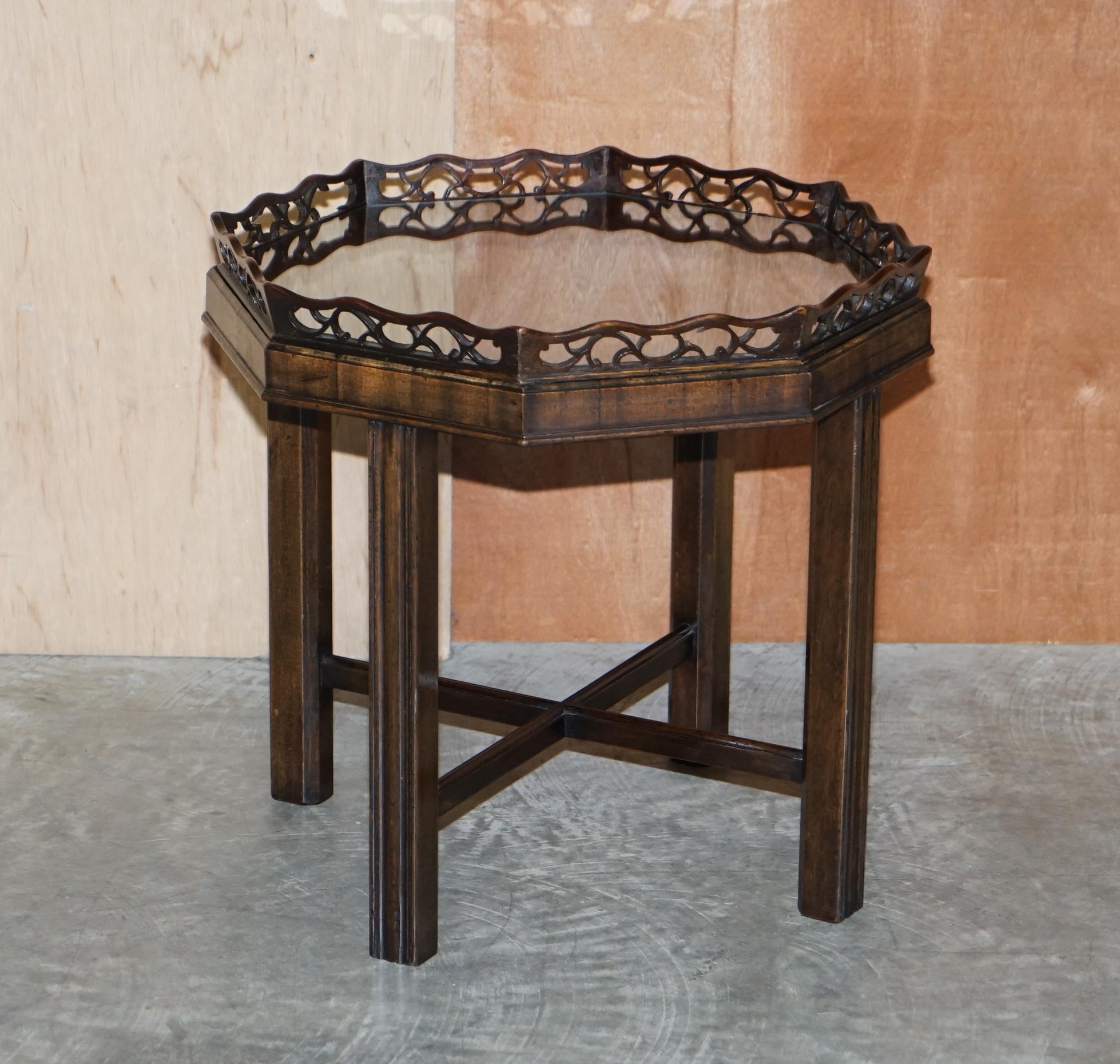 English Antique Thomas Chippendale Fret Work Carved Card Games Tray Table Removable Top For Sale