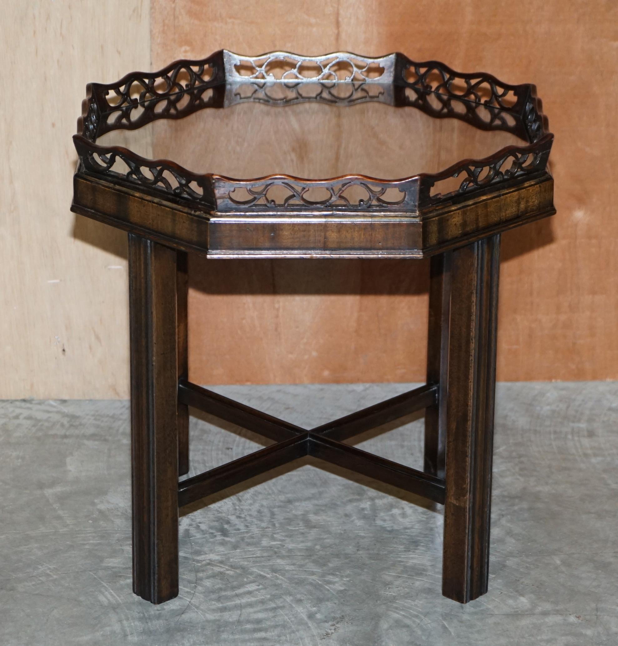 Hand-Crafted Antique Thomas Chippendale Fret Work Carved Card Games Tray Table Removable Top For Sale