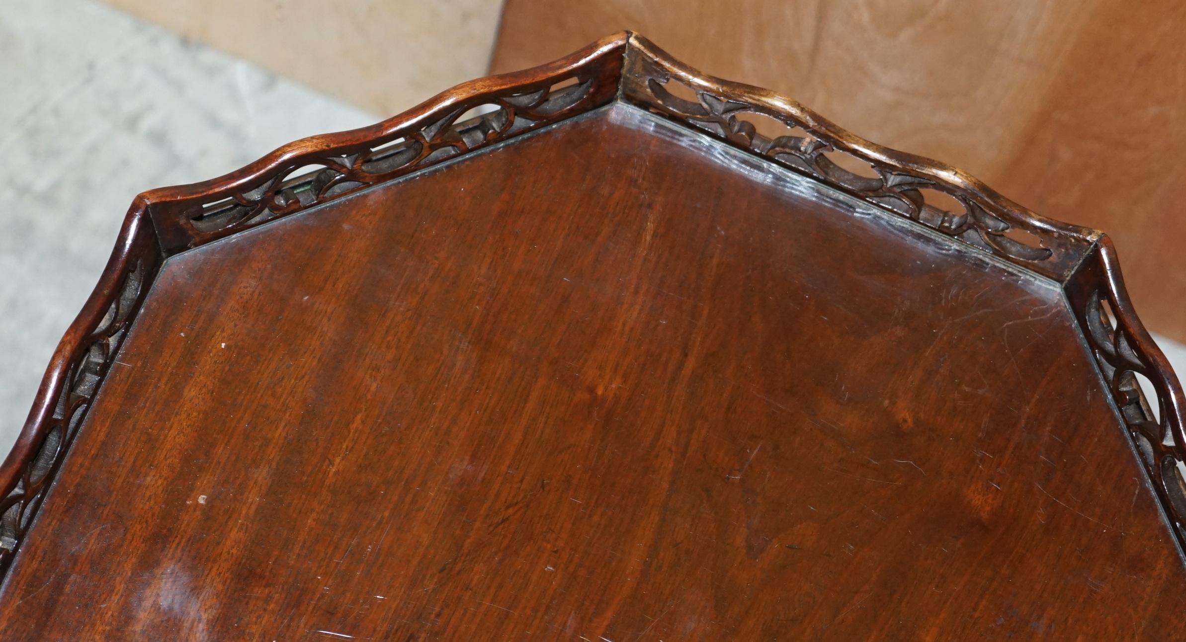 Antique Thomas Chippendale Fret Work Carved Card Games Tray Table Removable Top For Sale 1
