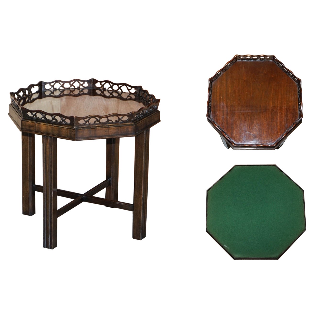 Antique Thomas Chippendale Fret Work Carved Card Games Tray Table Removable Top