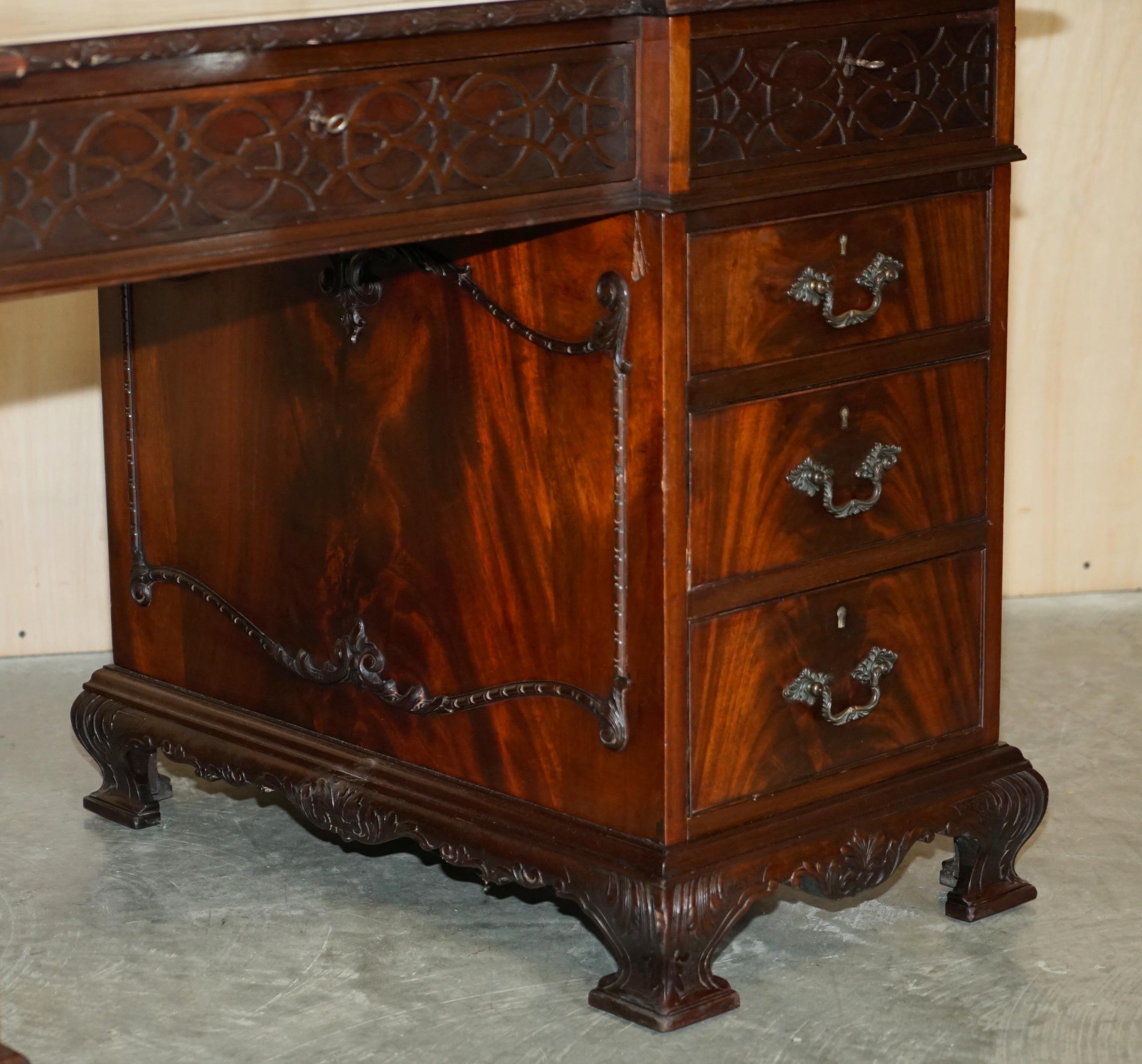 Antique Thomas Chippendale Revival Inverted Breakfront Partner Desk Leather Top For Sale 5
