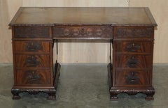 Antique Thomas Chippendale Revival Inverted Breakfront Partner Desk Leather Top