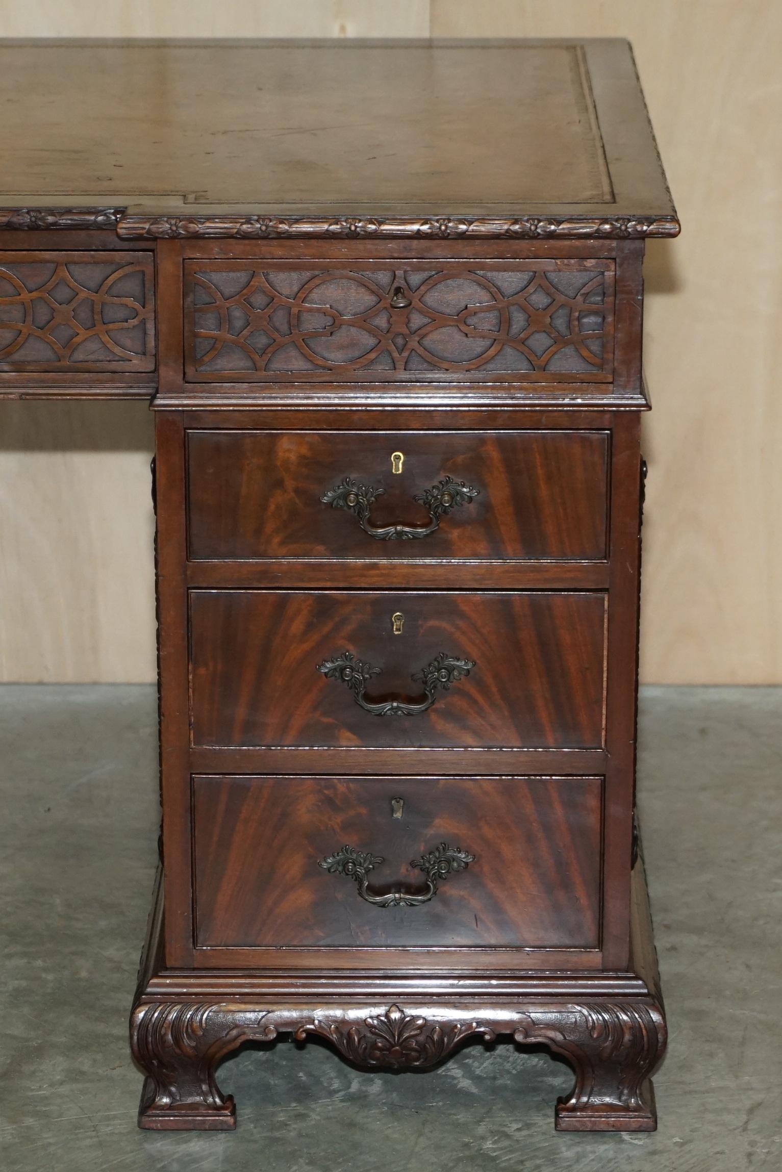 Hand-Crafted Antique Thomas Chippendale Revival Inverted Breakfront Partner Desk Leather Top For Sale