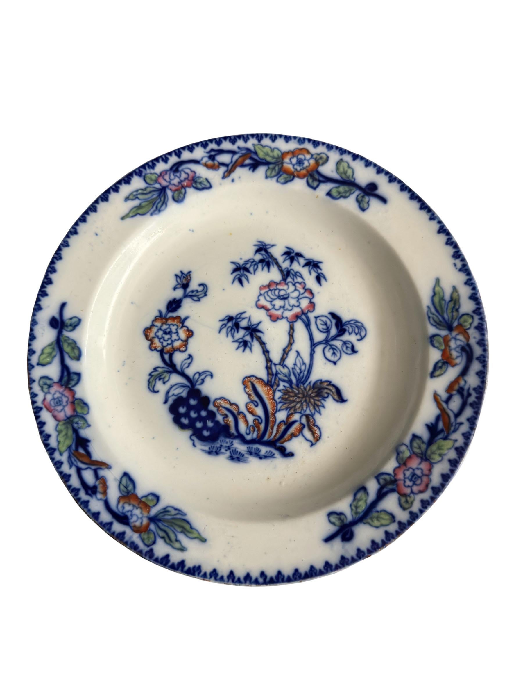 Antique Thomas Dimmock & Co.Flow Blue Bamboo Plate In Good Condition In Clearwater, FL