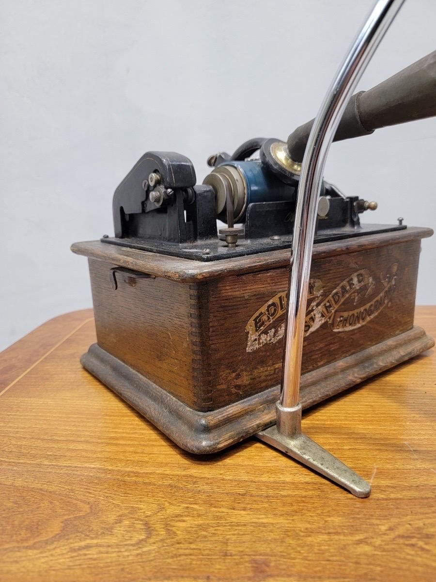 Antiker Thomas Edison Phonograph mit floralem Horn

Dieser wunderbare antike Thomas Edison Phonograph hat ein Holzgehäuse mit einem Deckel. Das Holzgehäuse trägt das Label 