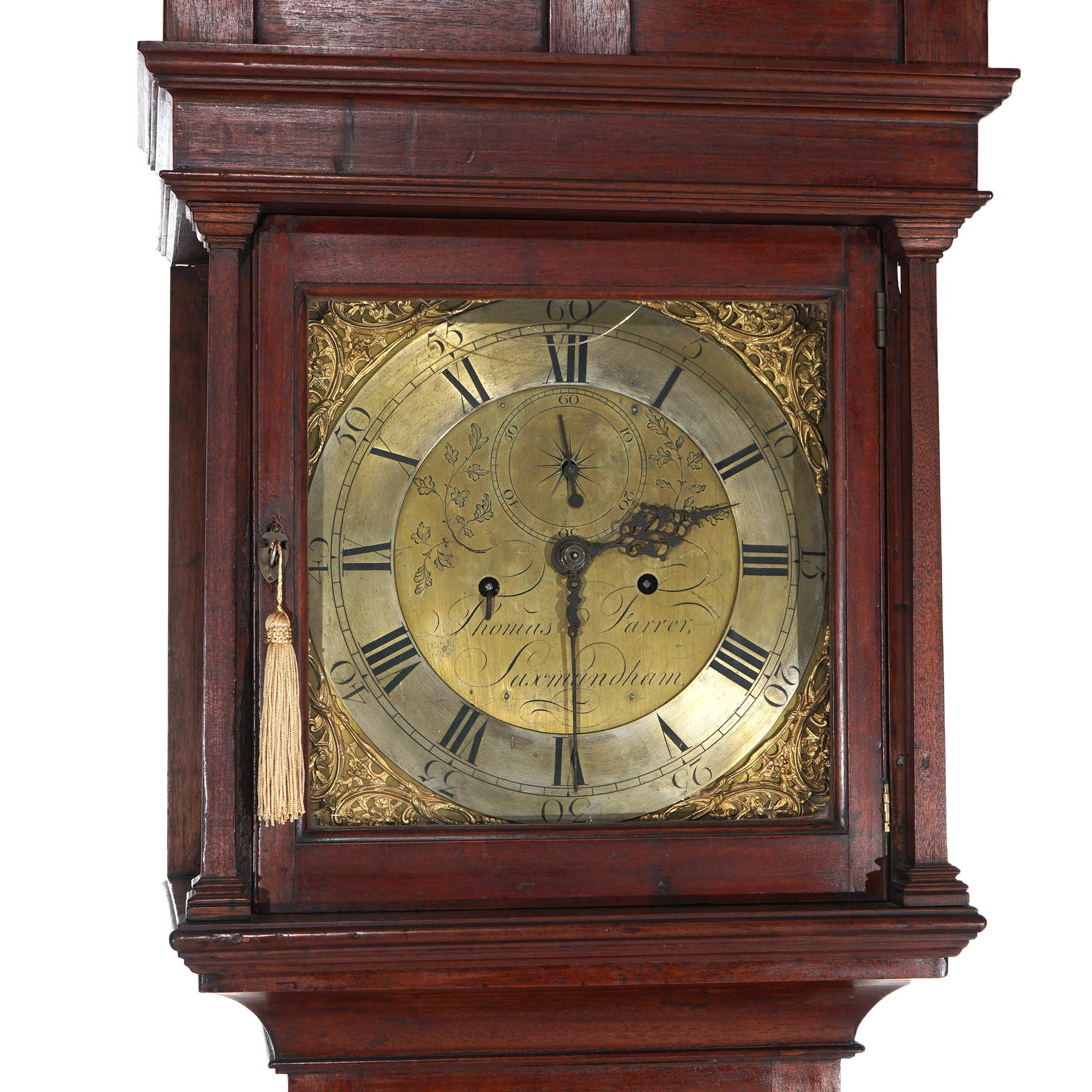 Horloge ancienne à grand-père en acajou avec fleurons en laiton de Thomas Farrer 19e siècle en vente 5