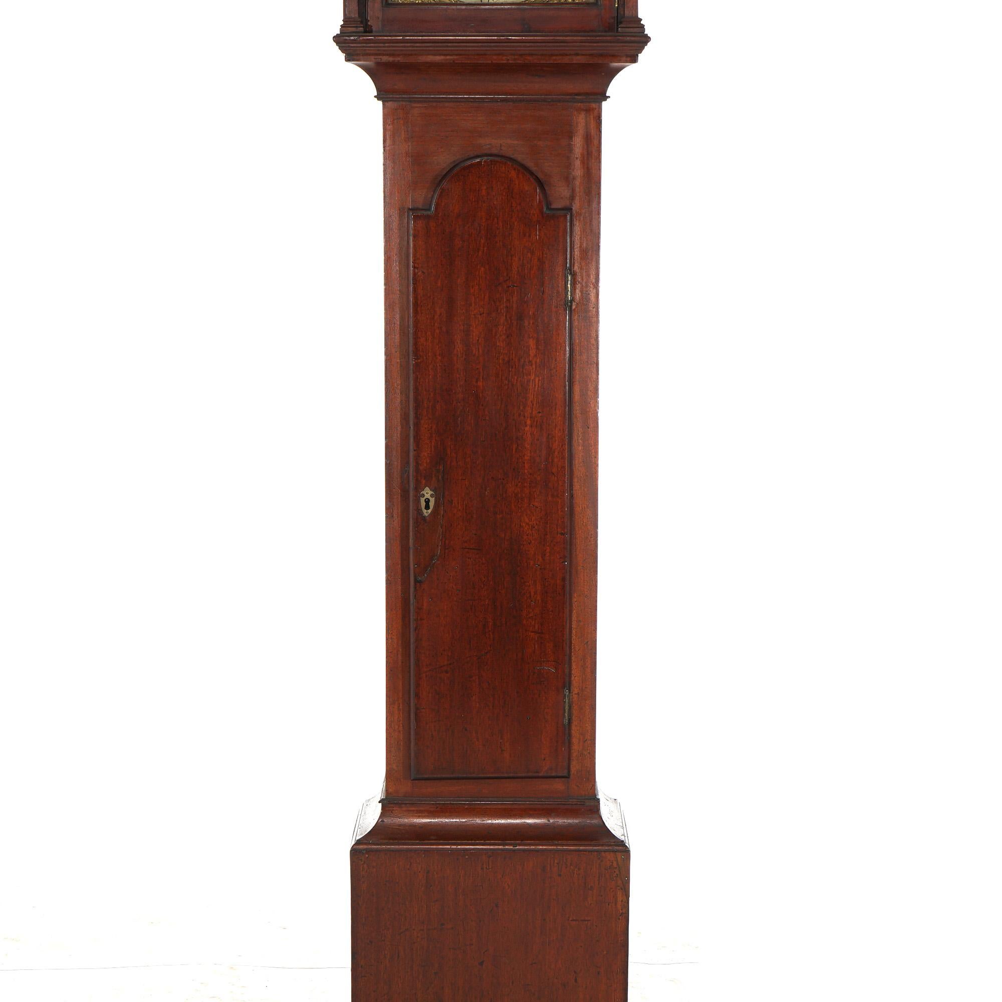 Antique Thomas Farrer Mahogany Grandfather Clock With Brass Finials 19thC In Good Condition For Sale In Big Flats, NY
