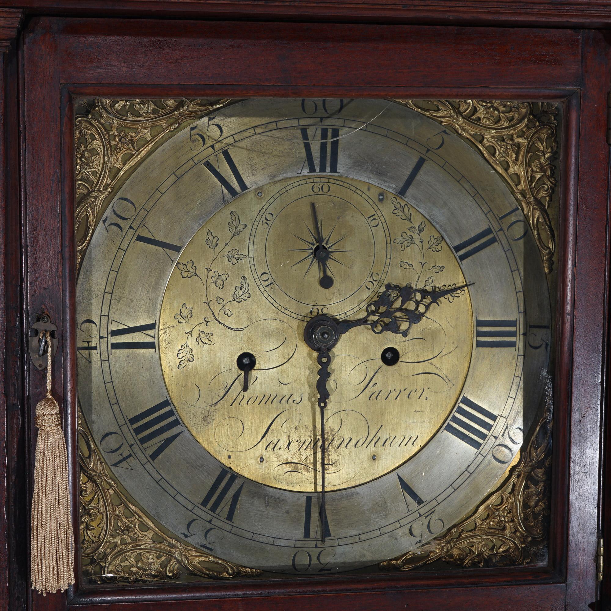 Horloge ancienne à grand-père en acajou avec fleurons en laiton de Thomas Farrer 19e siècle en vente 4