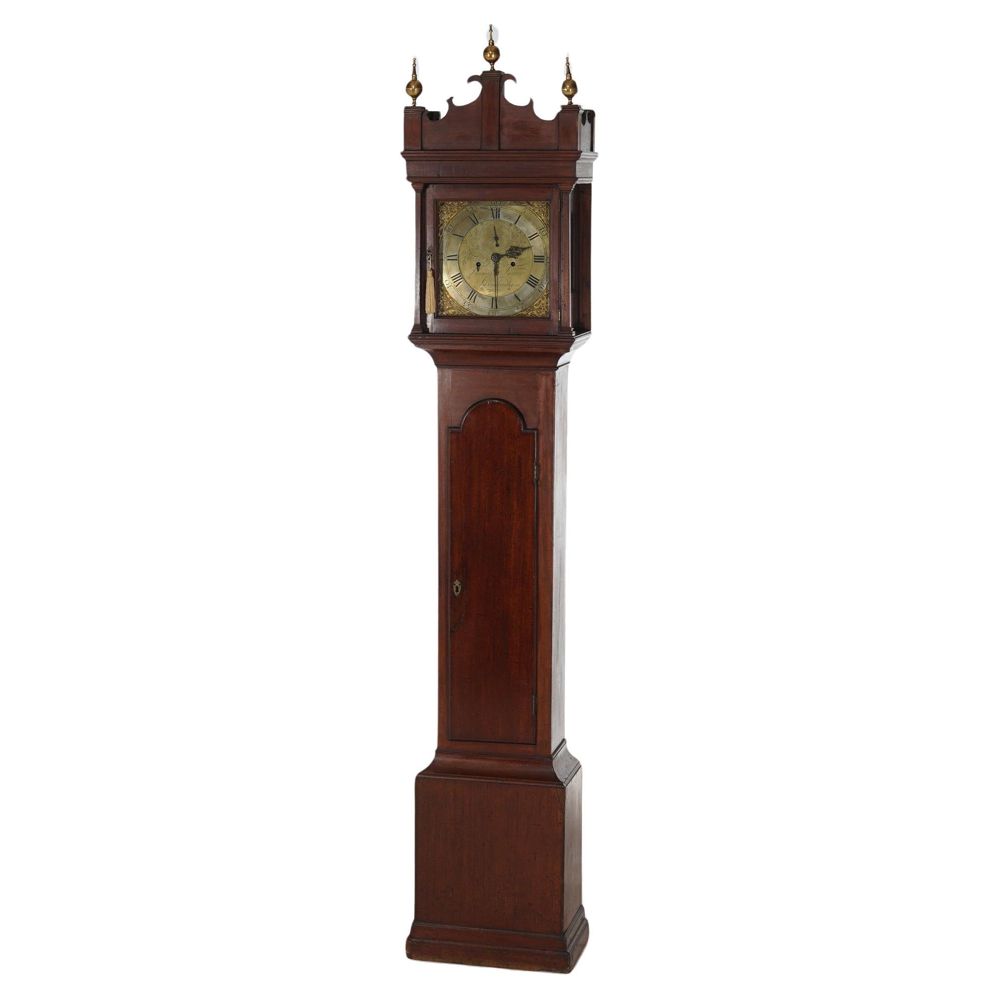 Antique Thomas Farrer Mahogany Grandfather Clock With Brass Finials 19thC For Sale