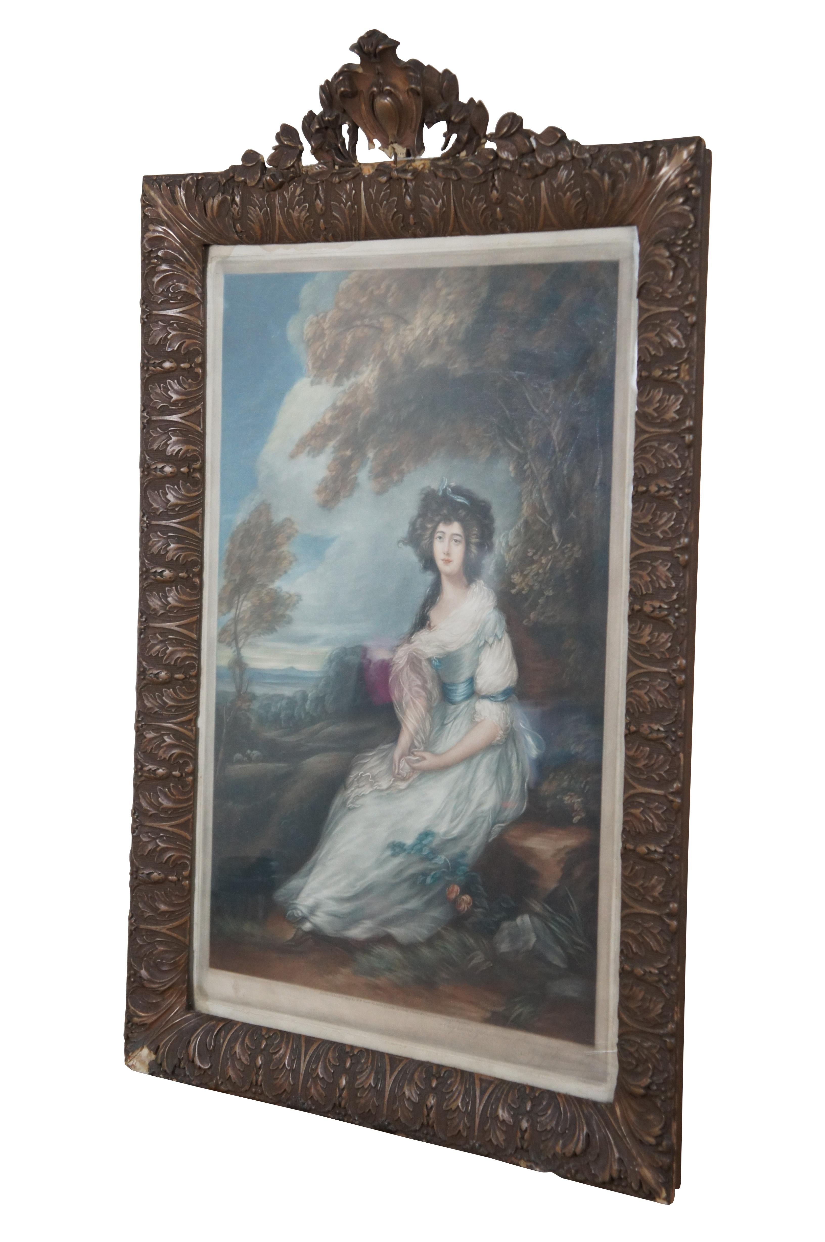 Antique colored Mezzotint engraving portrait of Mrs. Richard Brinsley Sheridan by Thomas Gainsborough, published in 1909 by W.M. Power of London. A penciled note and signature in the lower right reads “Engraved + printed in colors (word unclear)