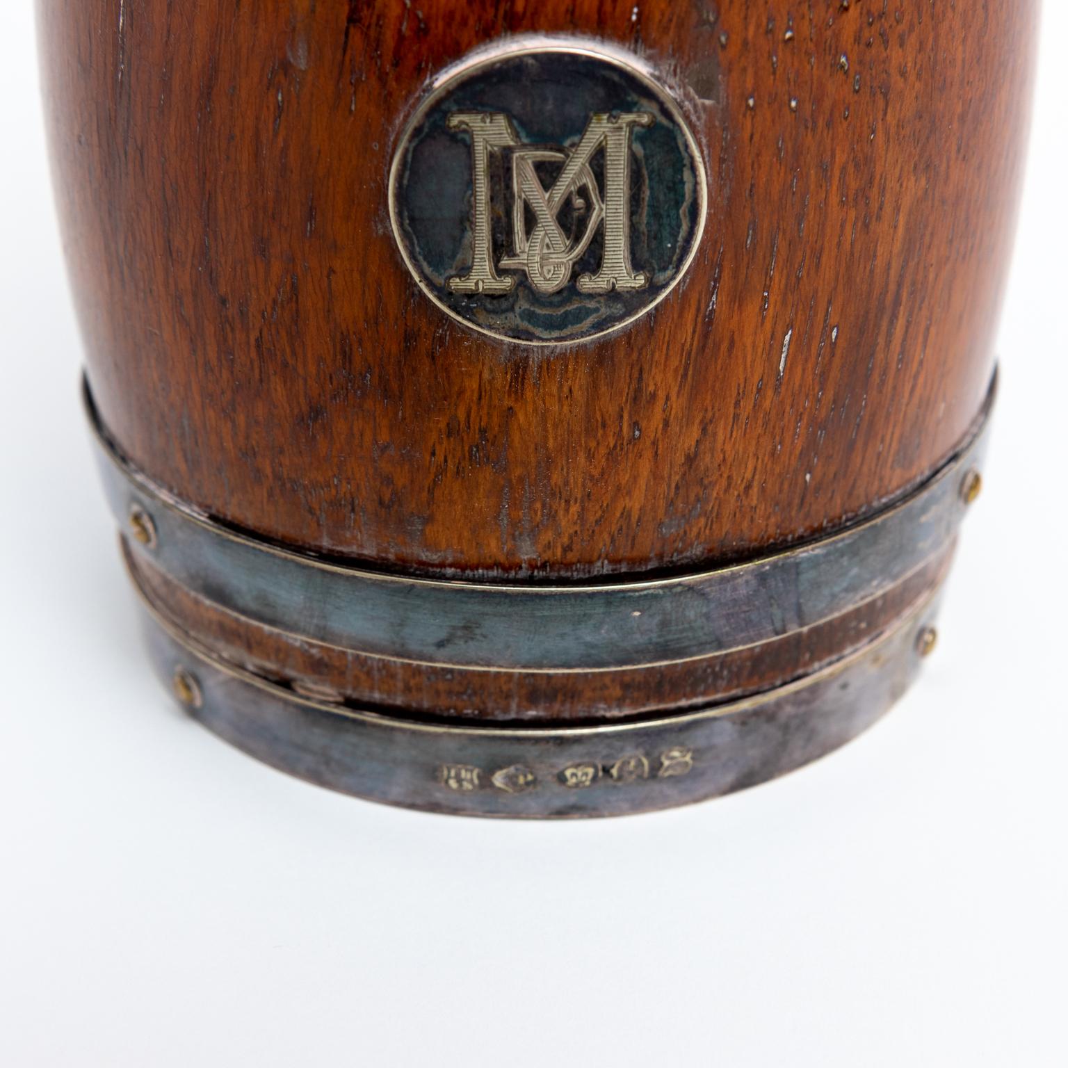 19th Century Antique Thomas Harwood and Son’s English Oak and Silverplate Tankard For Sale