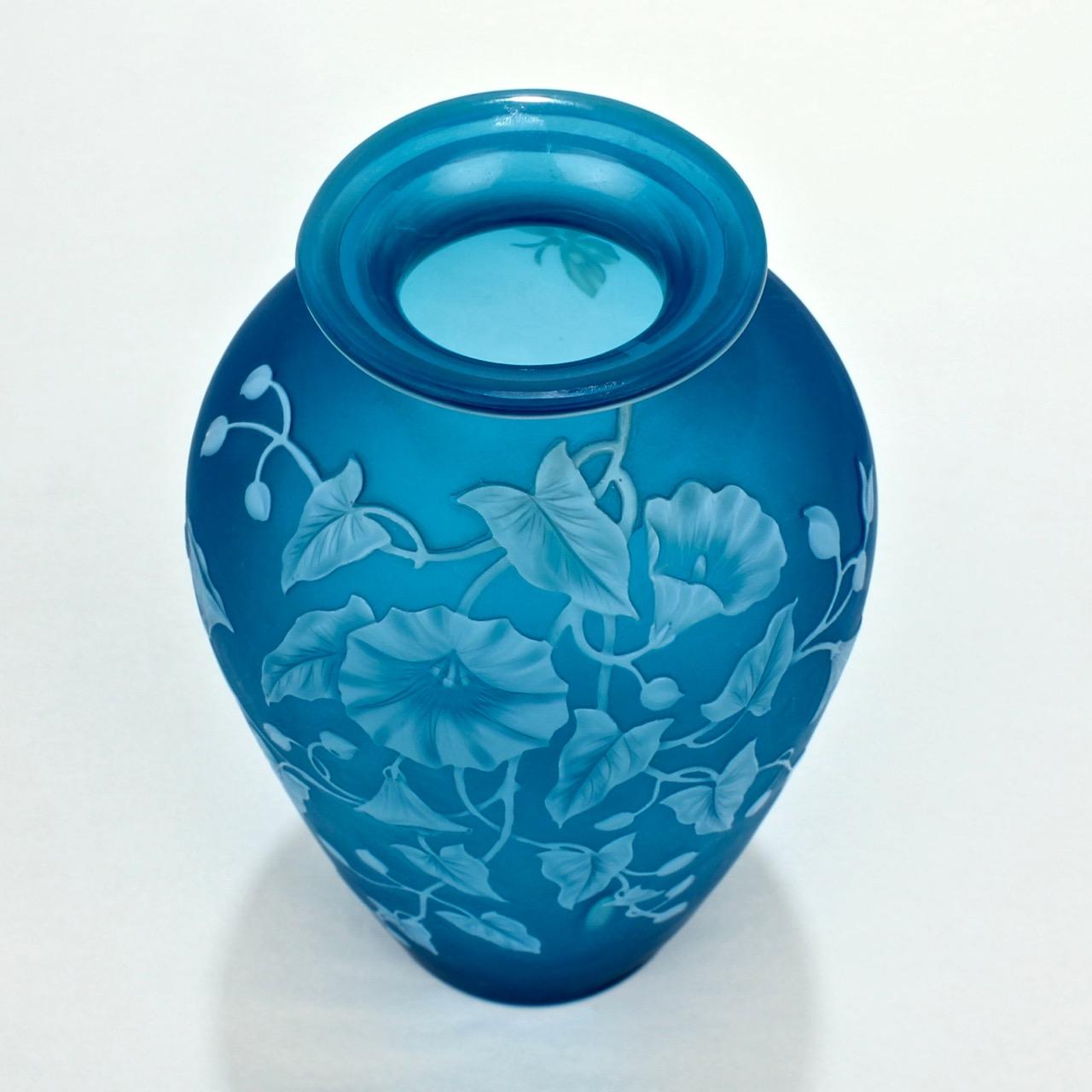 Art Nouveau Antique Thomas Webb & Sons Blue Cameo Art Glass Vase with Morning Glories