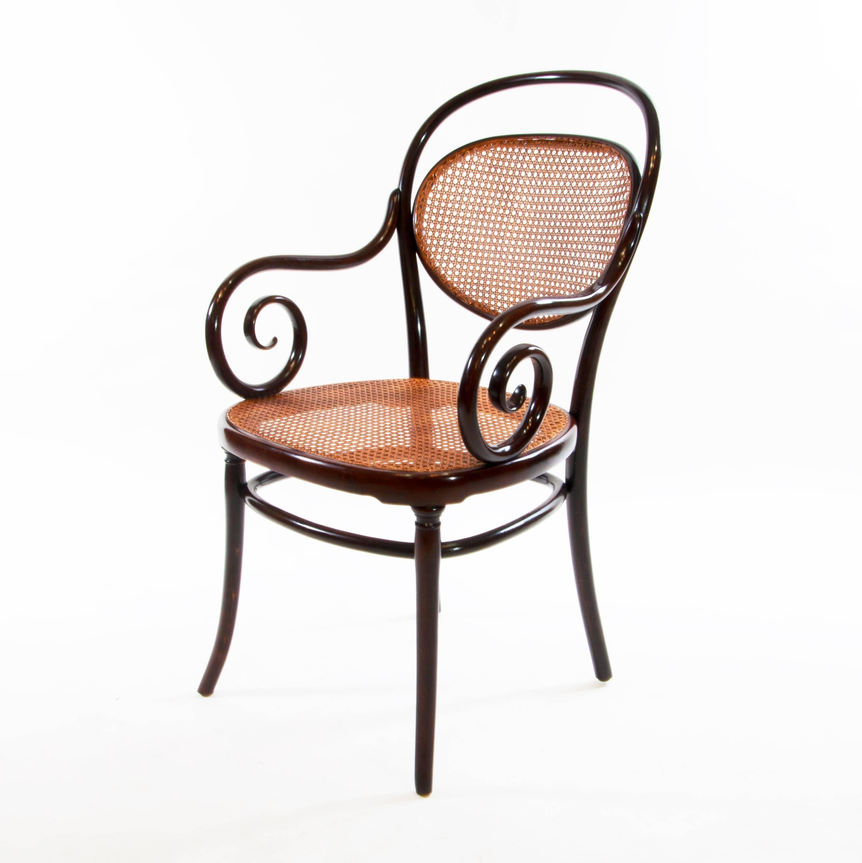 Antique Thonet bentwood armchair fauteuil No. 11, designed 1860 by the Gebruder Thonet.
Very rare and antique Thonet chair, which was manufactured between 1895-1910.
The company Thonet was founded by Michael Thonet and was greatly expanded by