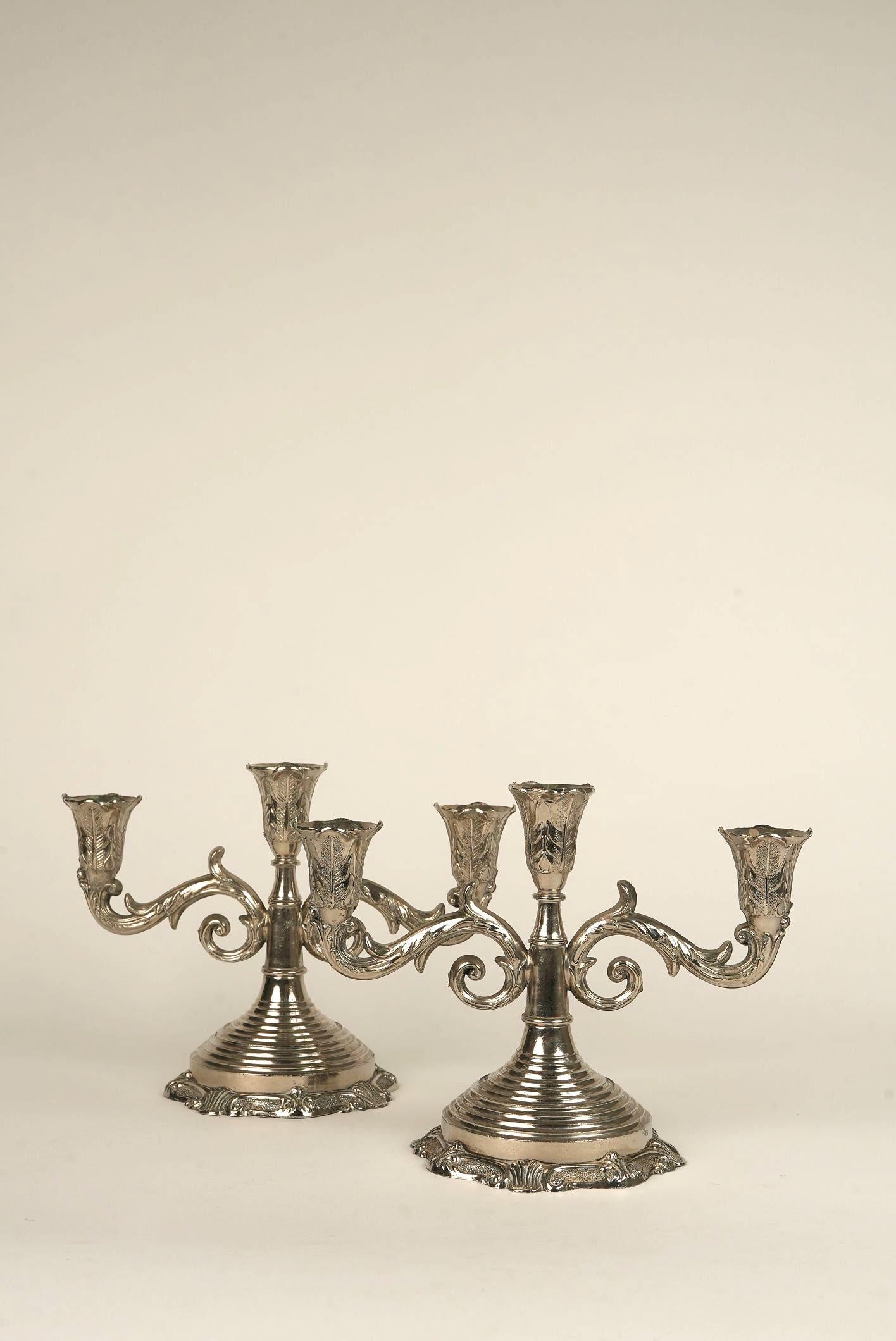 Rococo Revival Antique Three-Arm Silver-Plated Candelabra For Sale