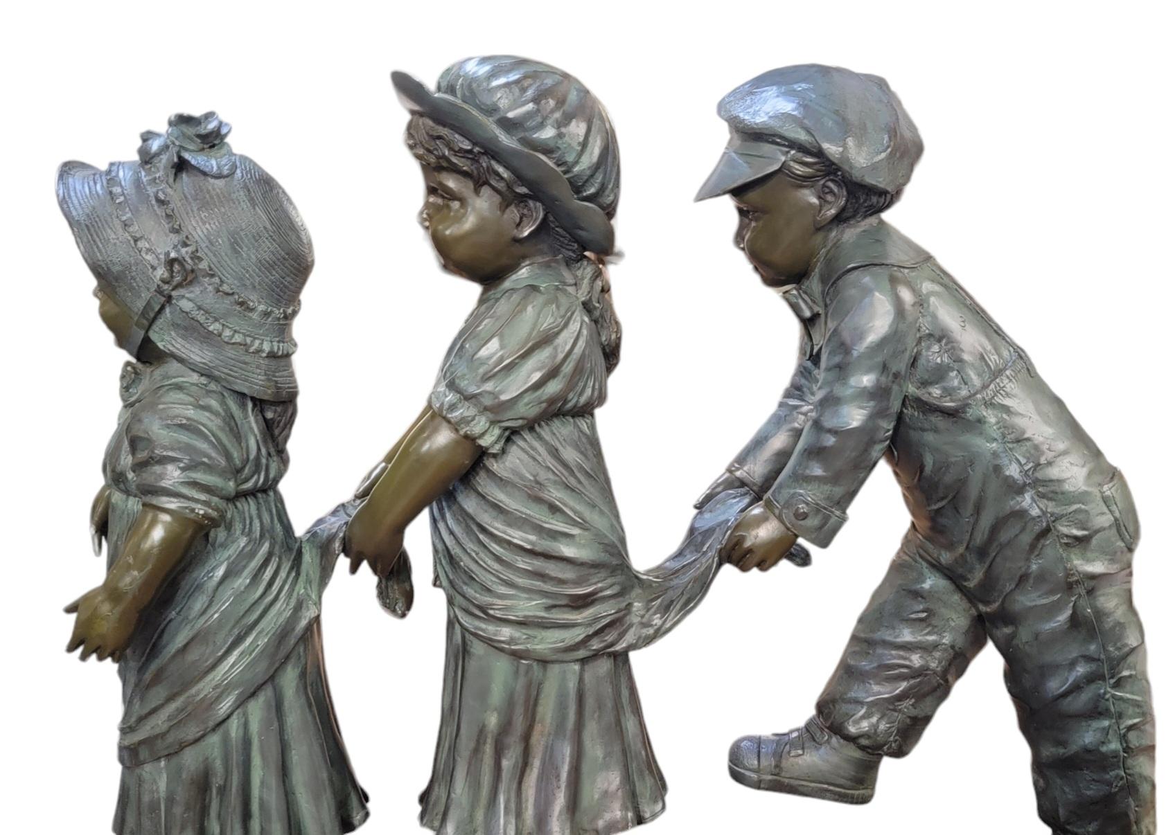 Adirondack Antique Three Children Playing Statue Signed For Sale