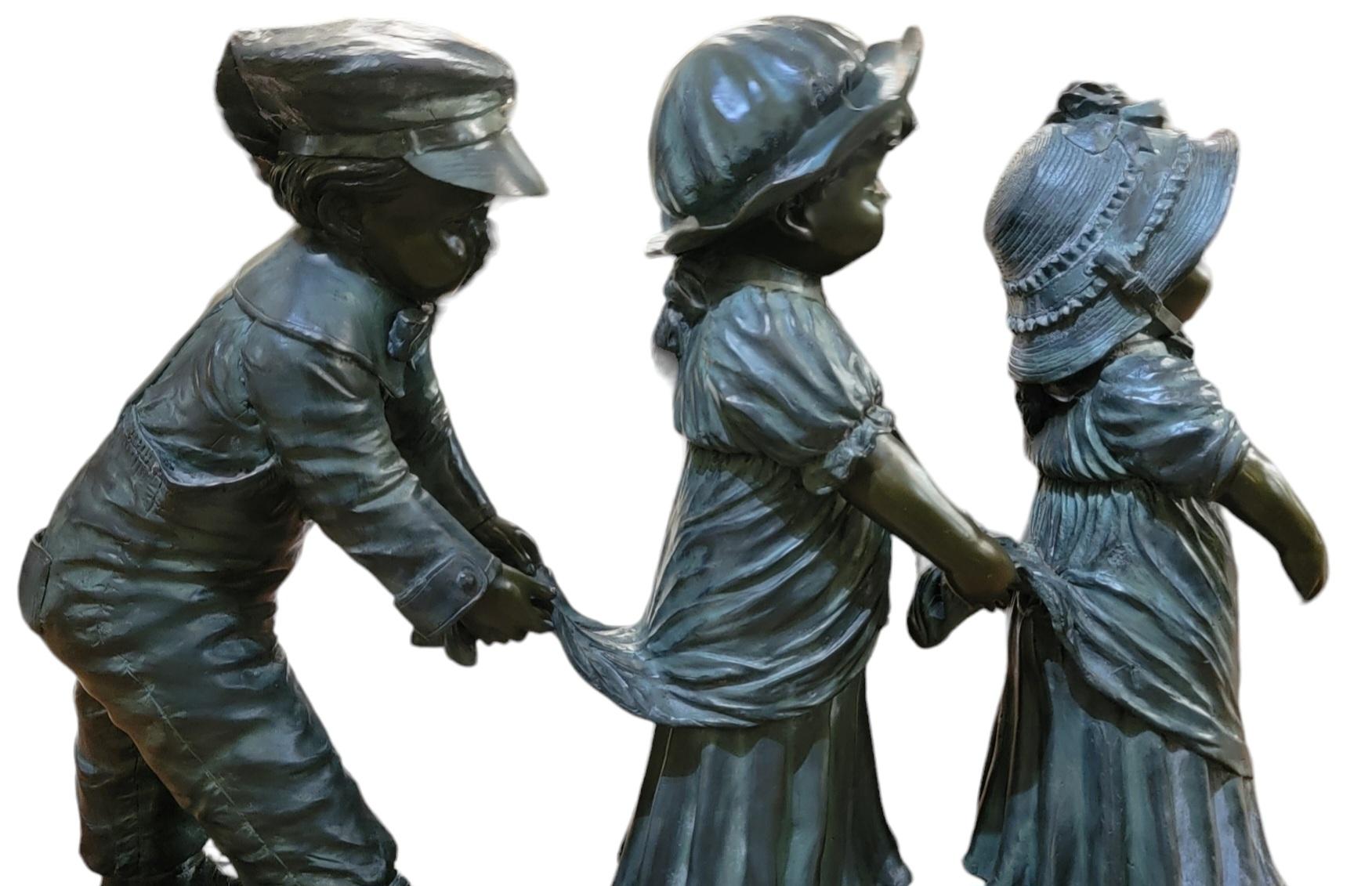 American Antique Three Children Playing Statue Signed For Sale