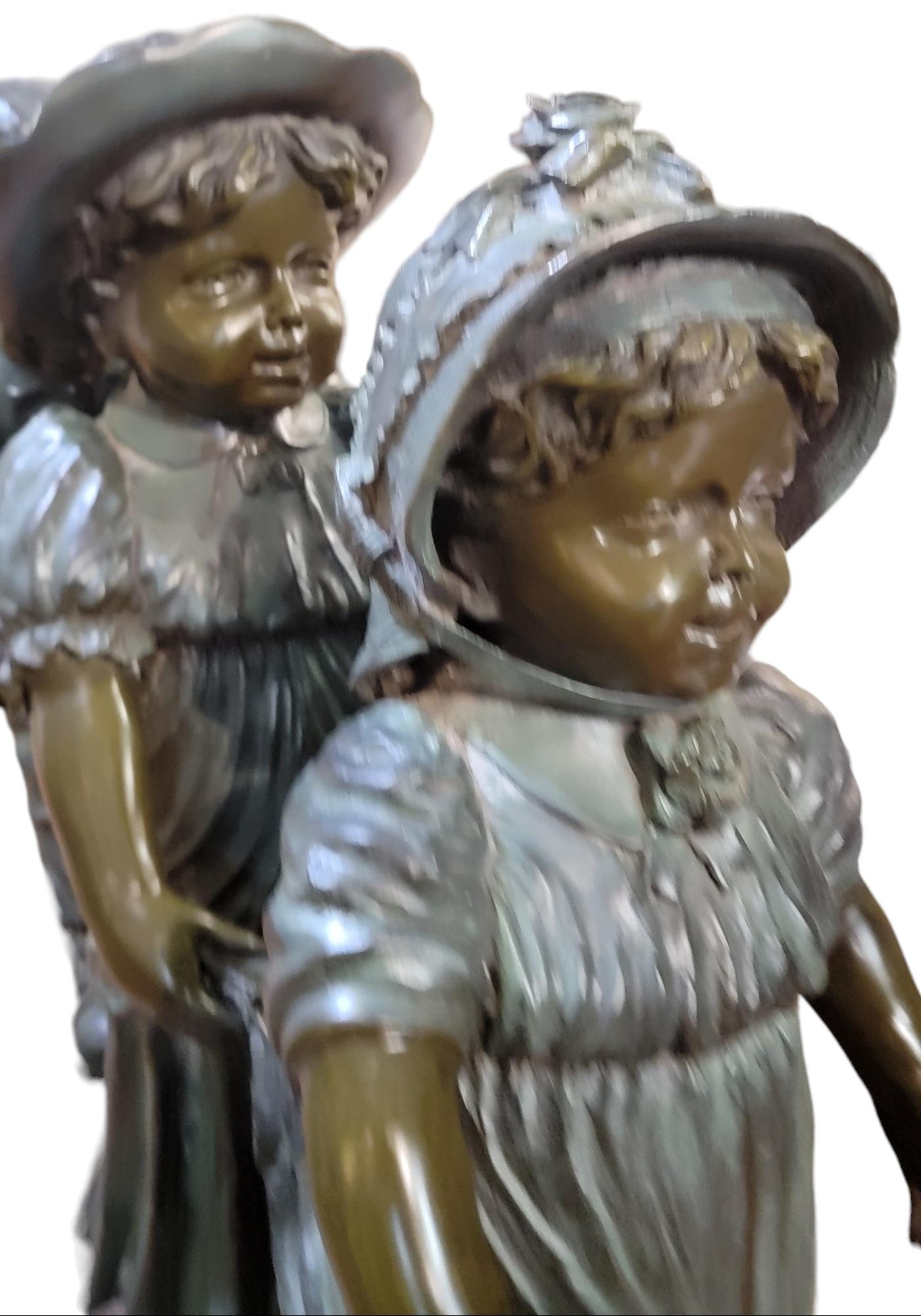Antique Three Children Playing Statue Signed In Good Condition For Sale In Pasadena, CA