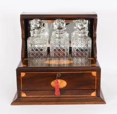 Antique Three Cut Crystal Decanter Inlaid Mahogany Tantalus & Games 19th Century