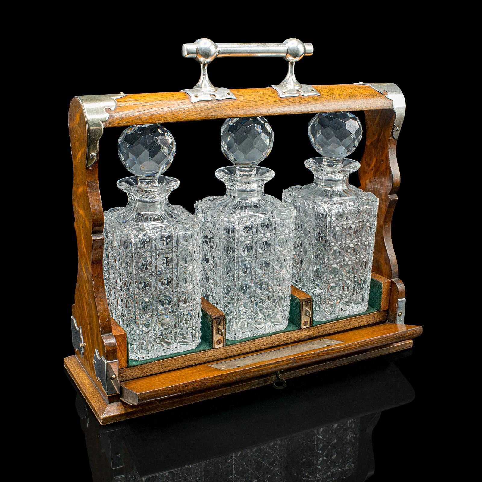 British Antique Three Decanter Tantalus, English, Oak, Drinks Caddy, Edwardian, C.1910 For Sale
